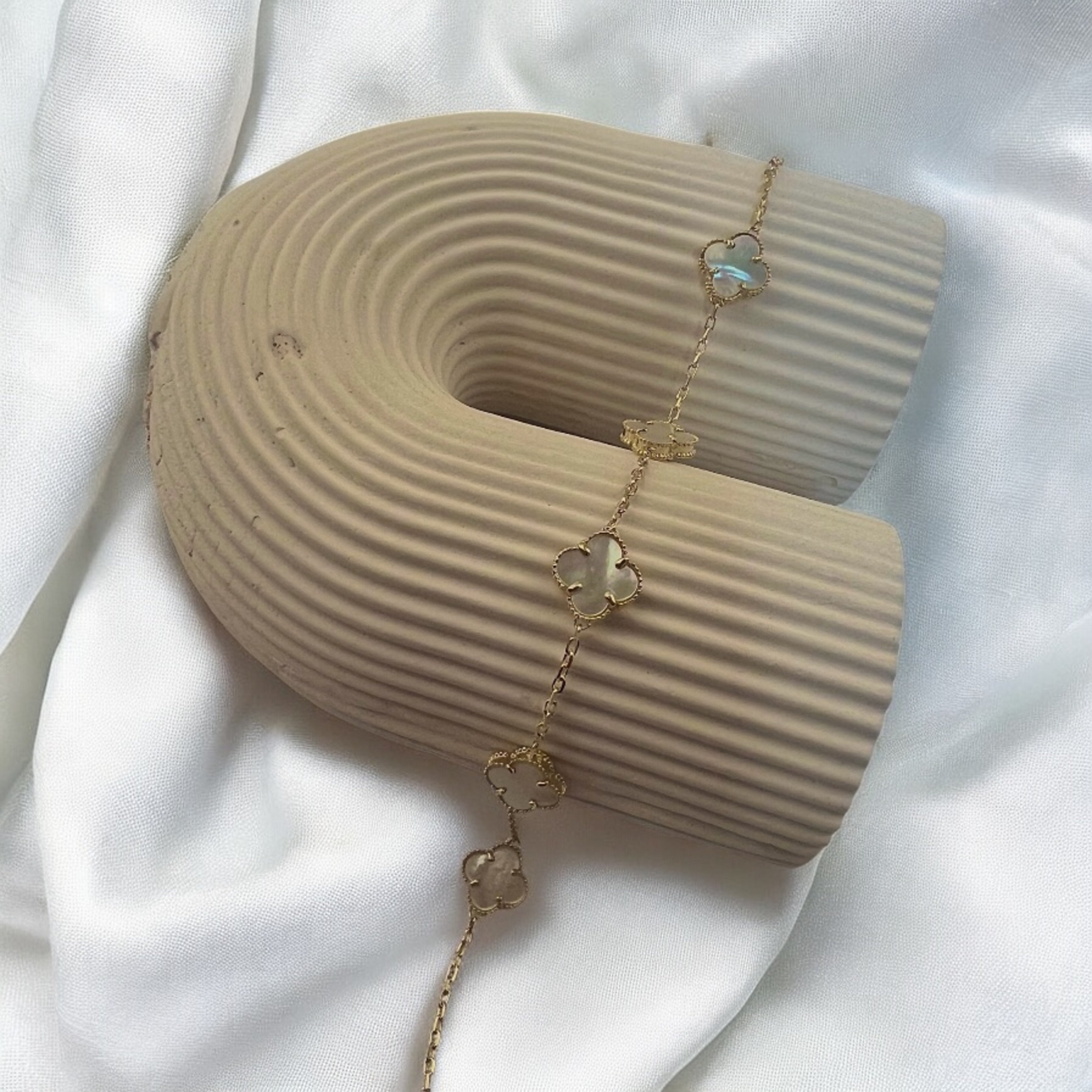 14K Solid Gold 8mm Enamel White Clover Bracelet