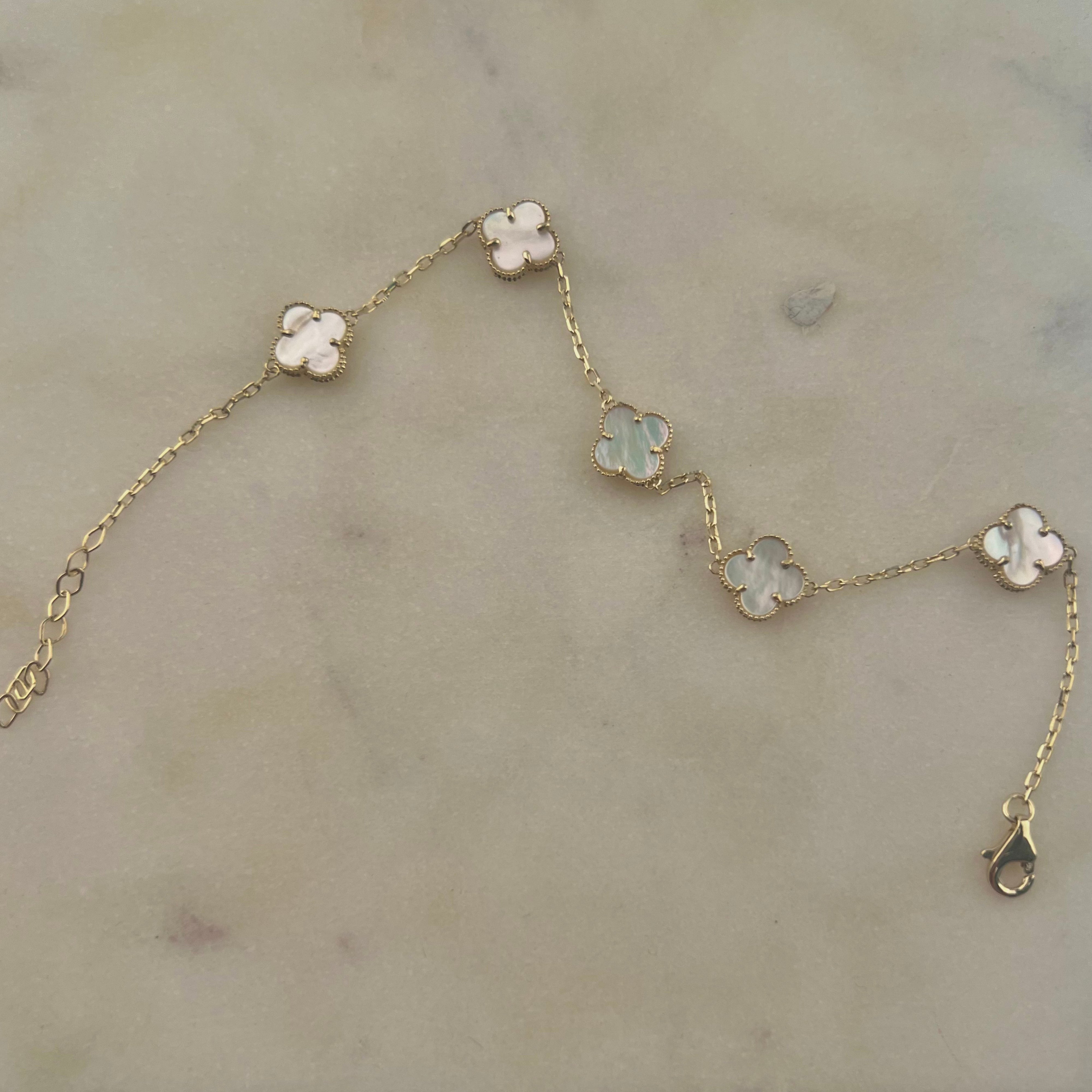 14K Solid Gold 8mm Enamel White Clover Bracelet