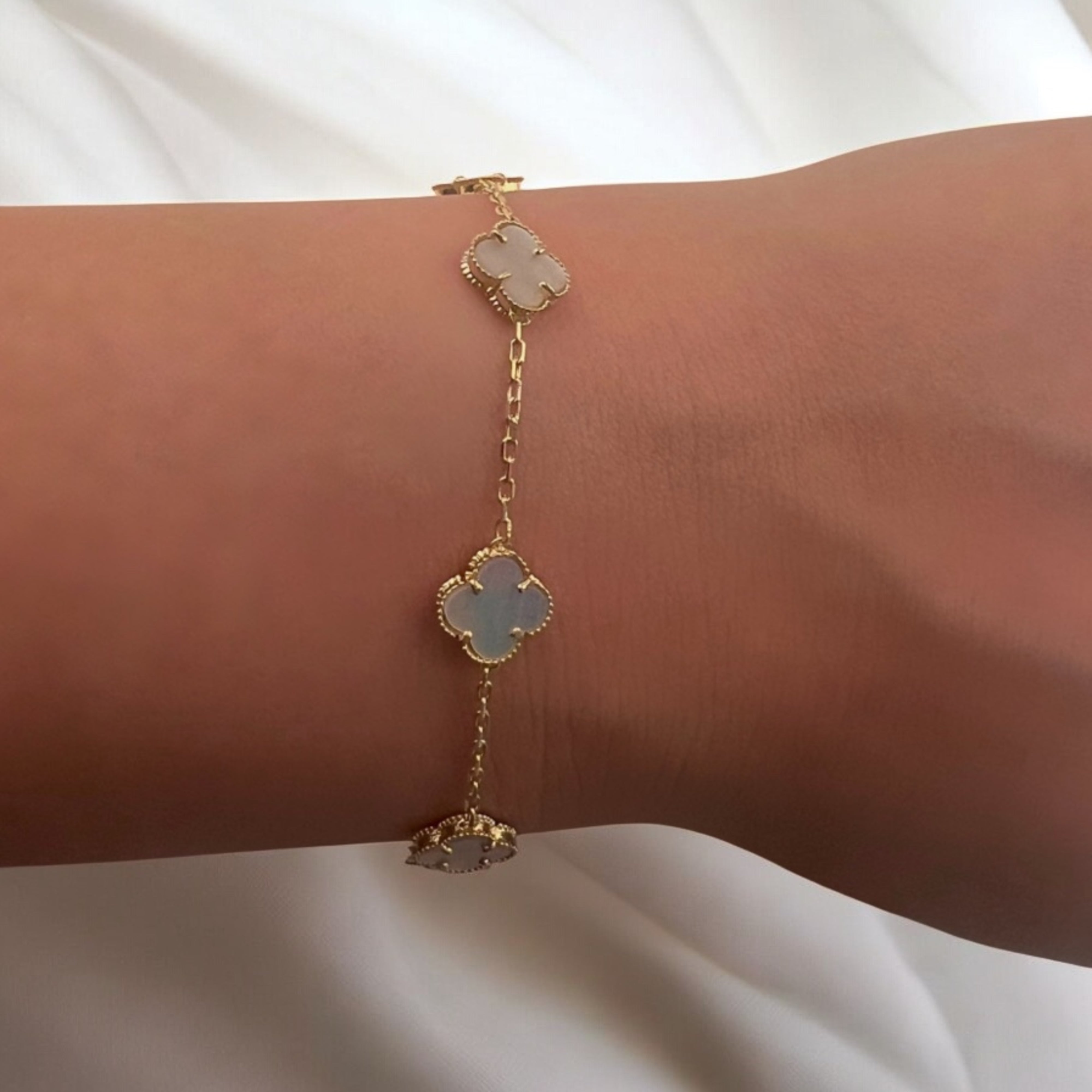 14K Solid Gold 8mm Enamel White Clover Bracelet