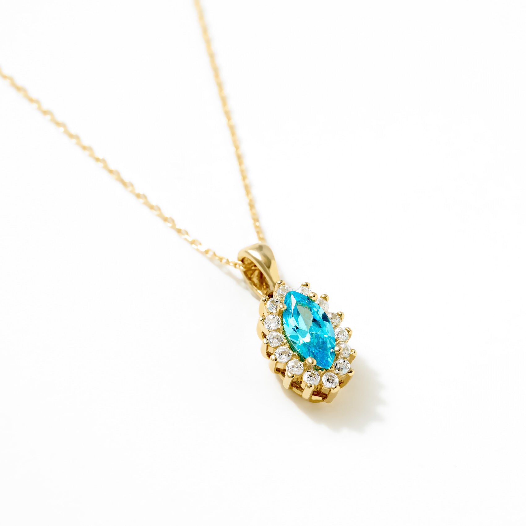 14K Gold Marquise-Cut Blue Topaz Pendant Necklace with Diamond Accents