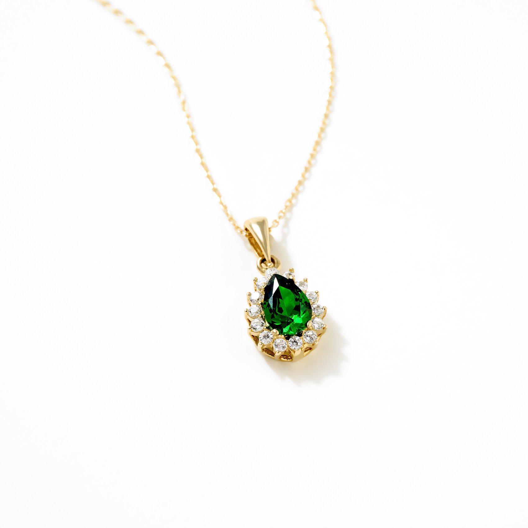 14K Gold Pear-Shaped Green Gemstone Pendant Necklace with White Stone Accents