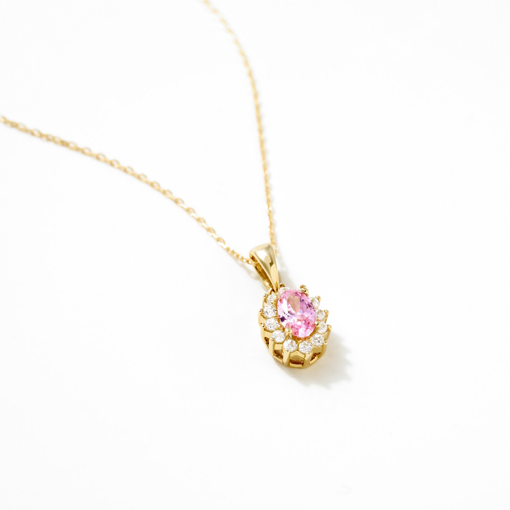 14K Gold Pink Oval Gemstone Pendant Necklace with White Stone Accents