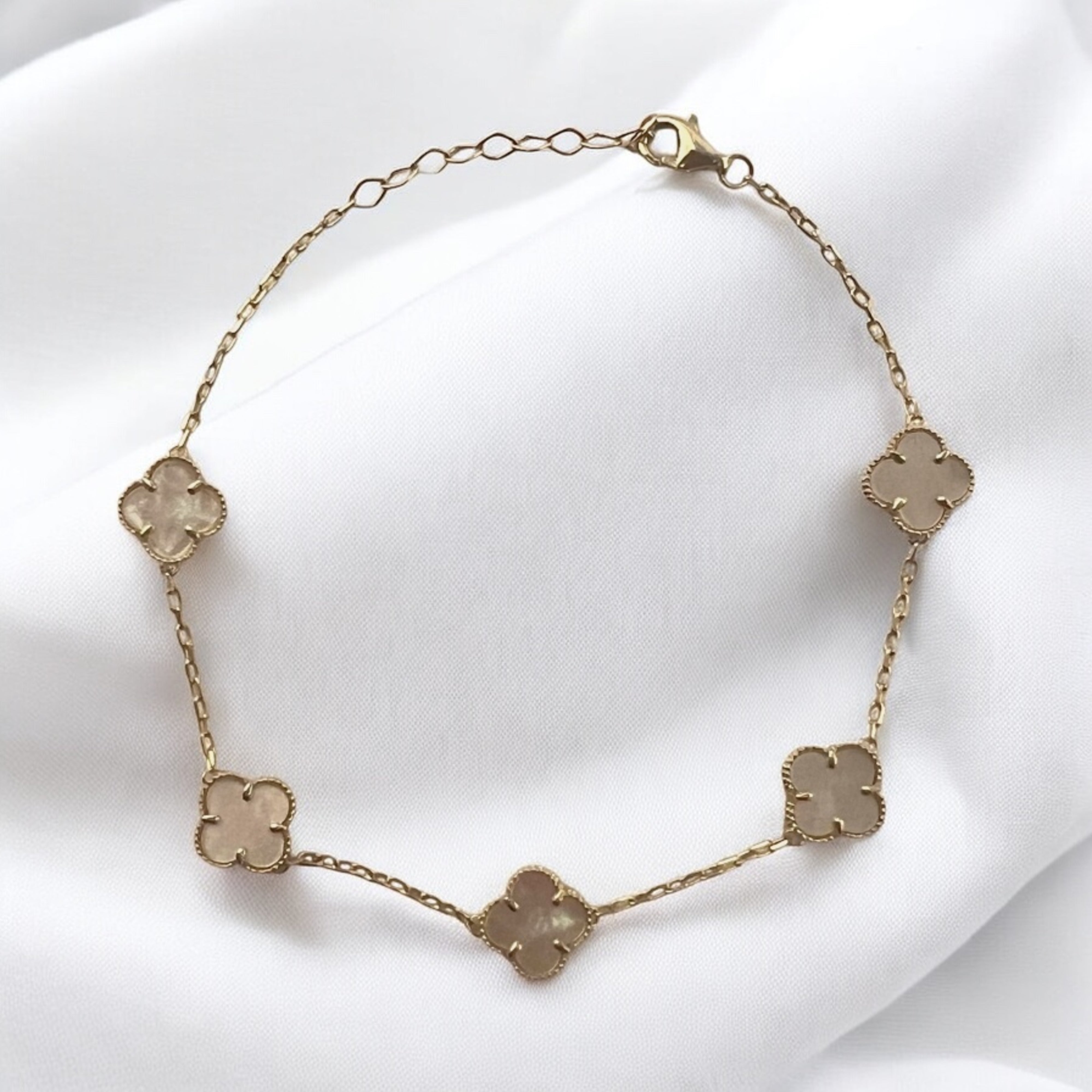 14K Solid Gold 8mm Enamel White Clover Bracelet
