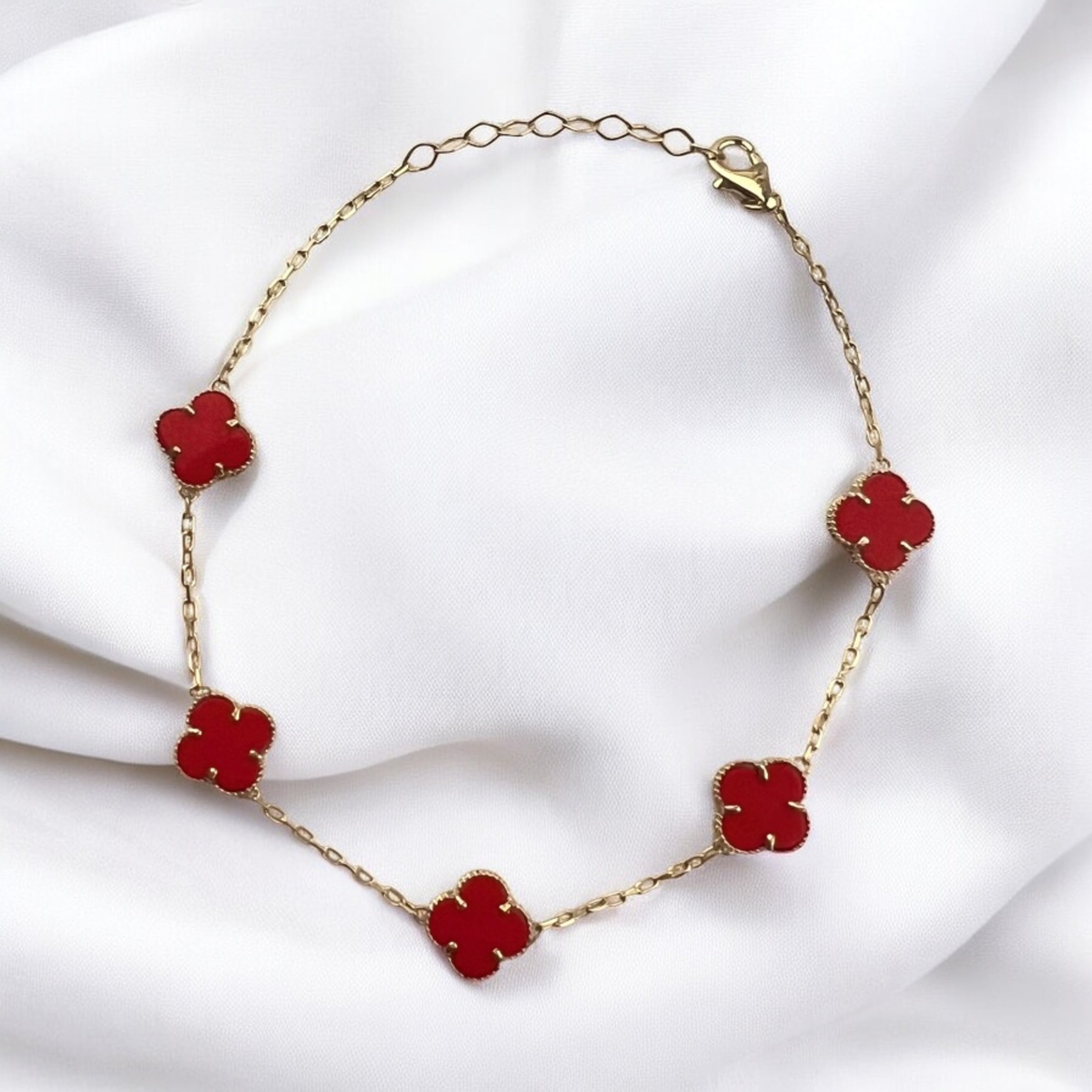 14K Gold 8mm Enamel Red Clover Bracelet