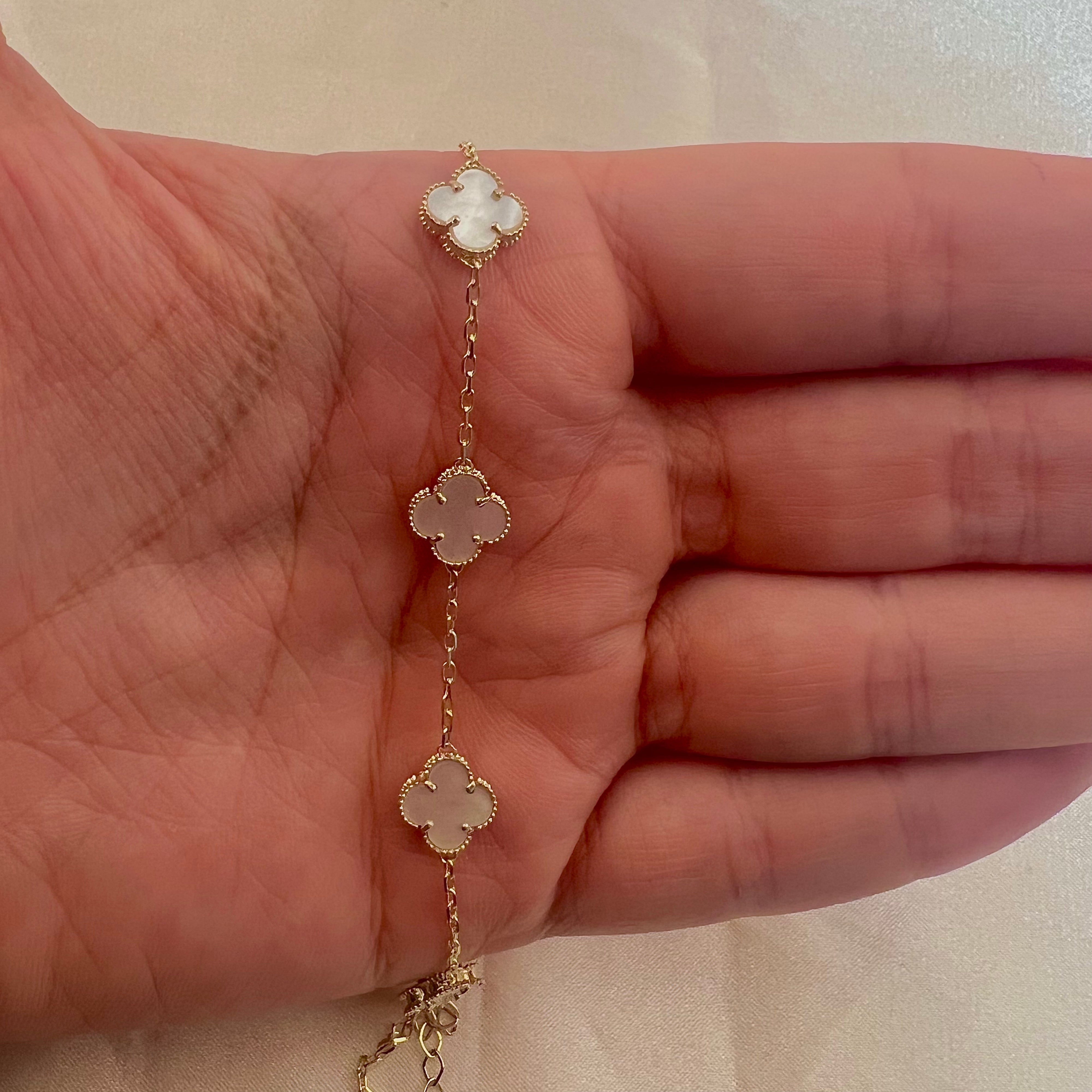 14K Solid Gold 8mm Enamel White Clover Bracelet