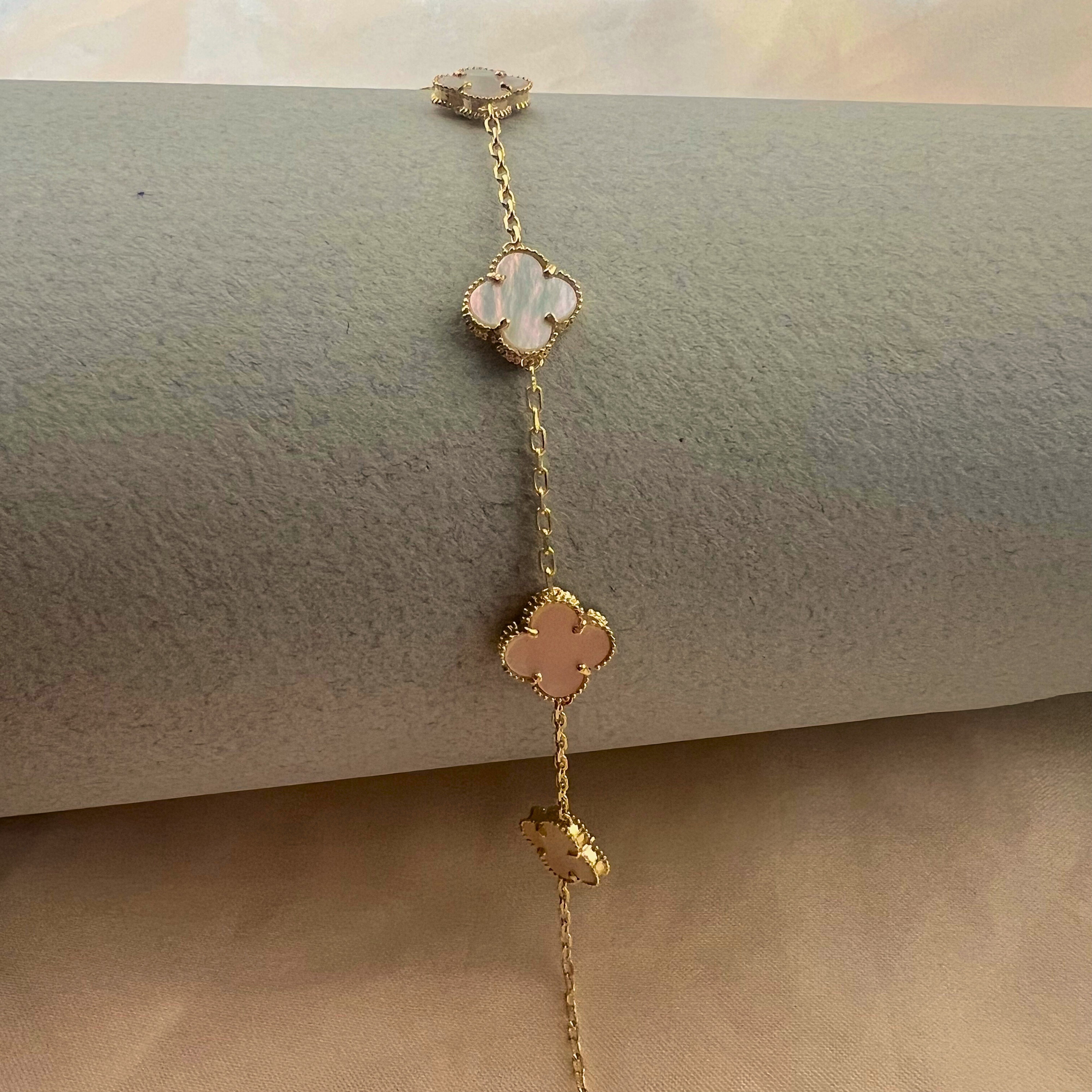 14K Solid Gold 8mm Enamel White Clover Bracelet