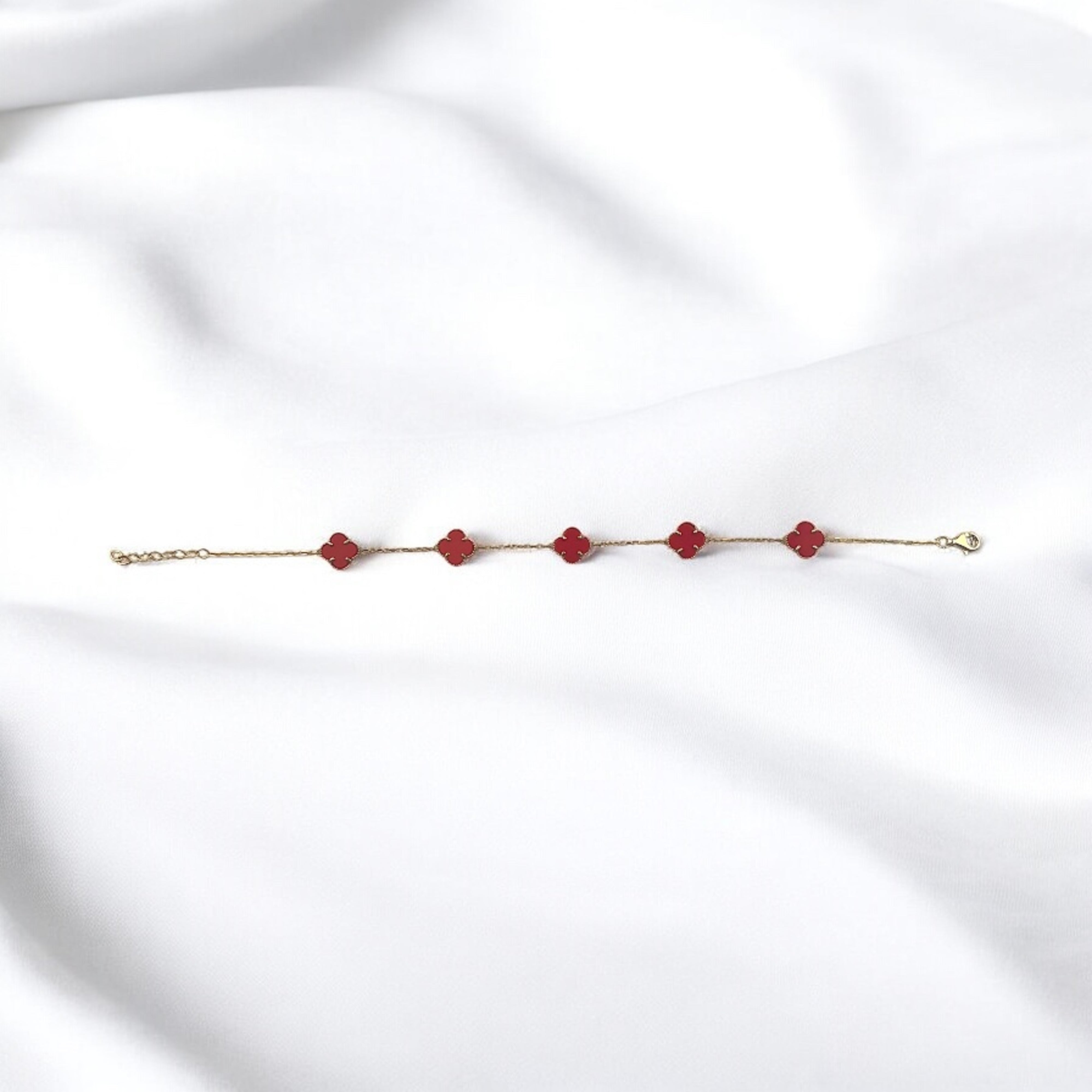 14K Gold 8mm Enamel Red Clover Bracelet