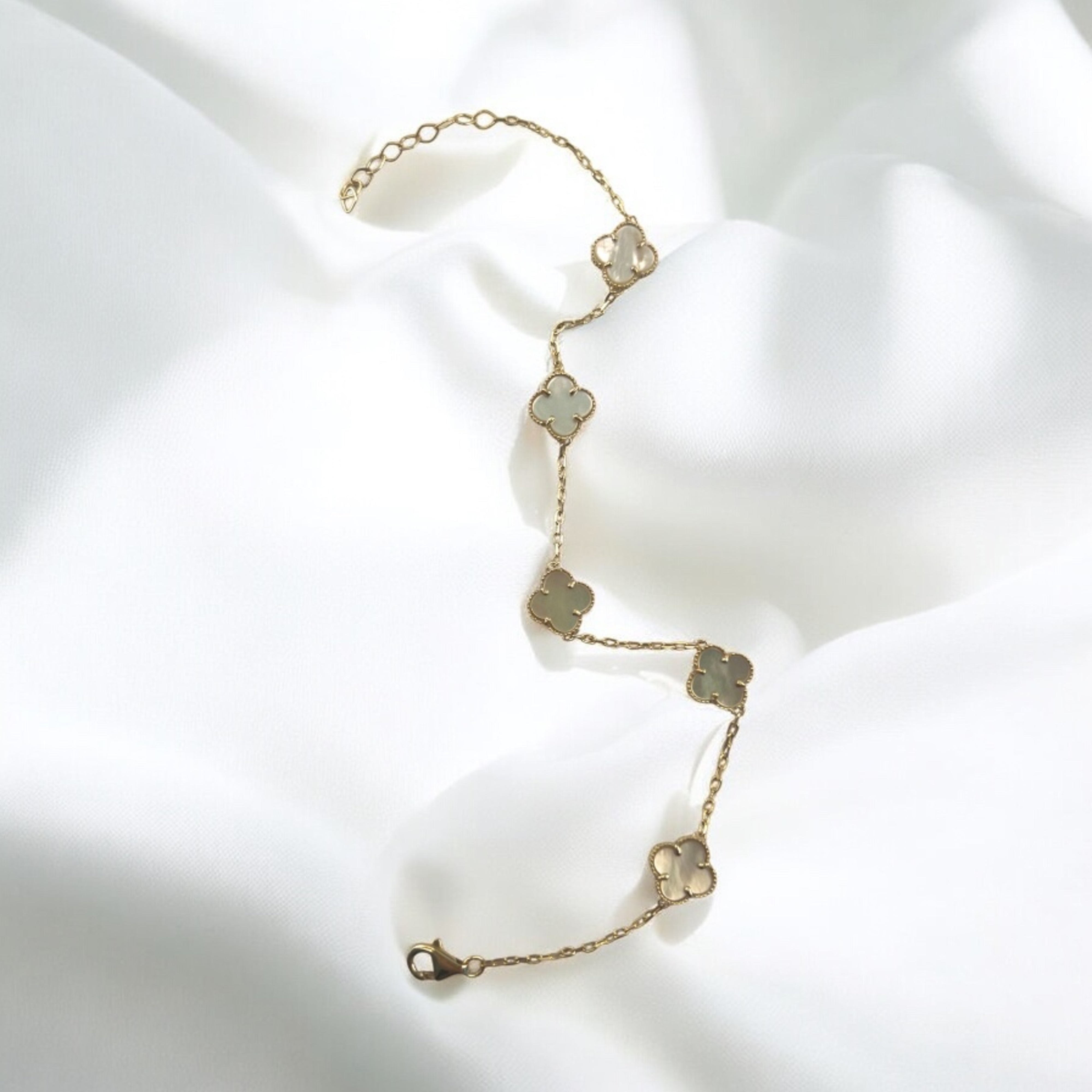 14K Solid Gold 8mm Enamel White Clover Bracelet