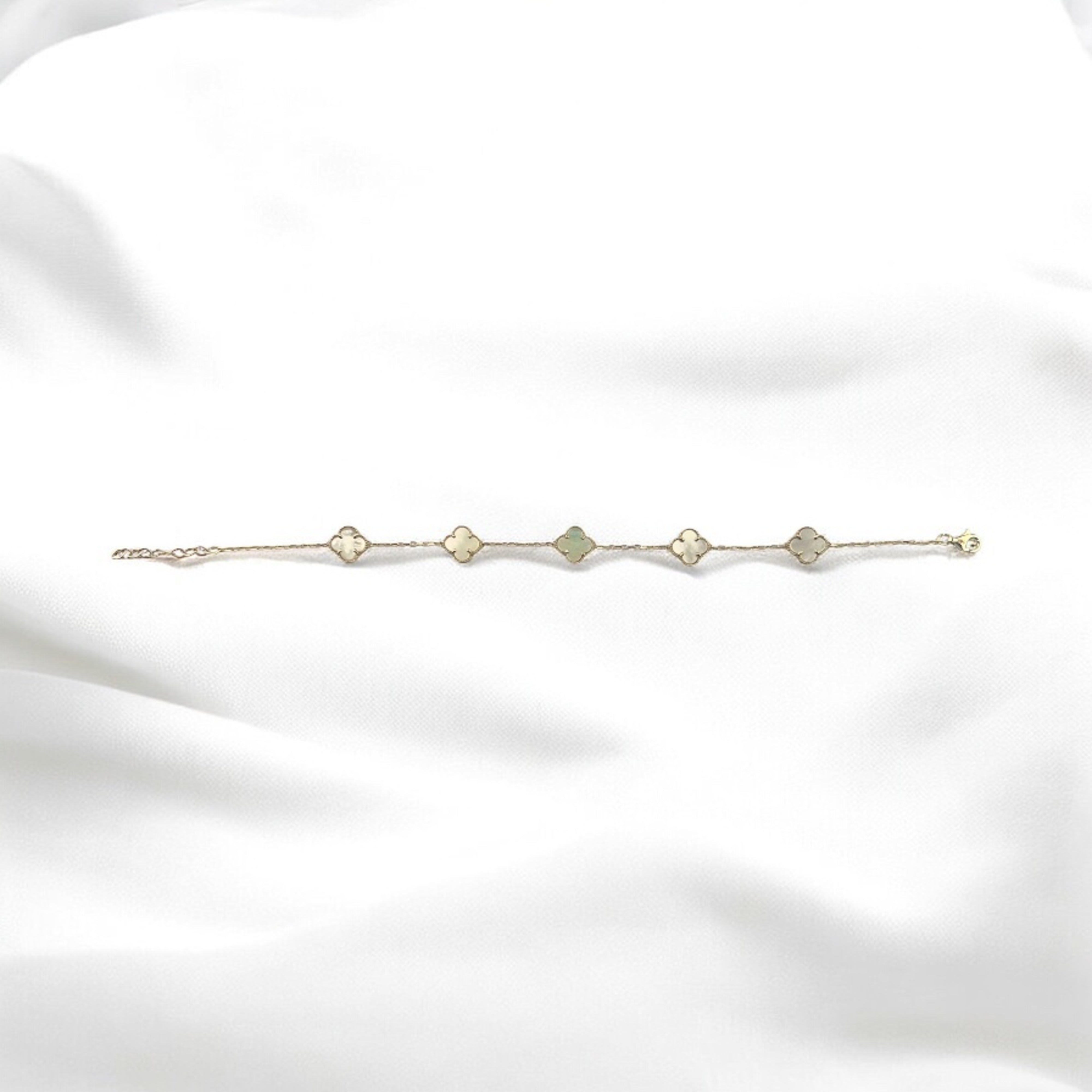 14K Solid Gold 8mm Enamel White Clover Bracelet