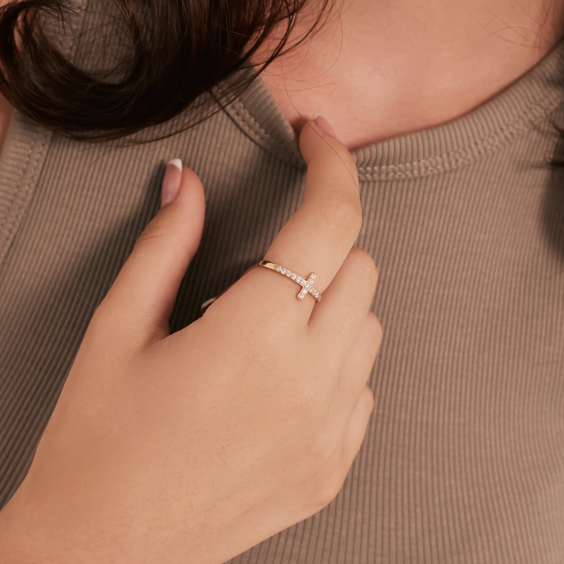 CZ Accent Cross Ring in 14K Gold