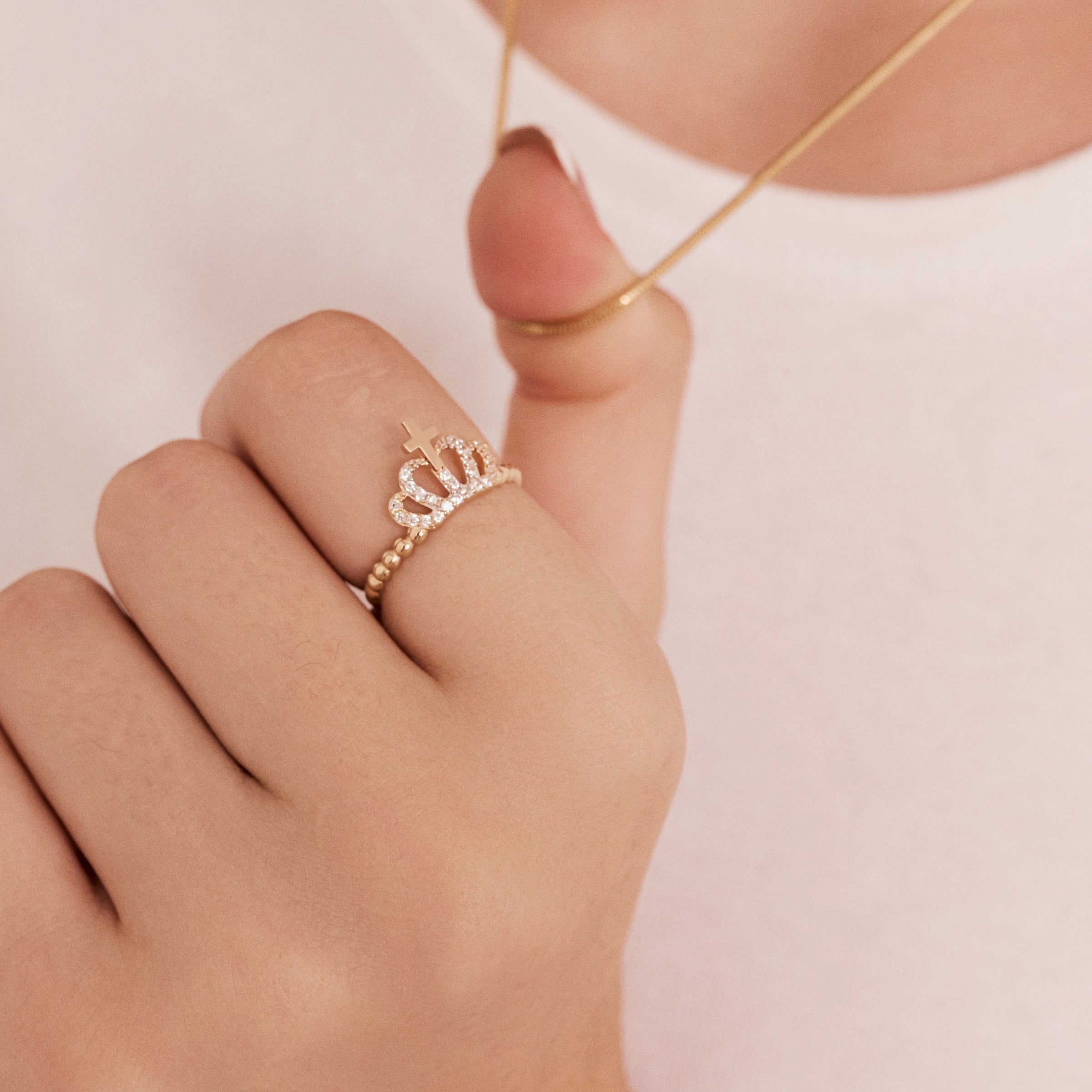 CZ-Encrusted Crown with Cross 14K Gold Ring