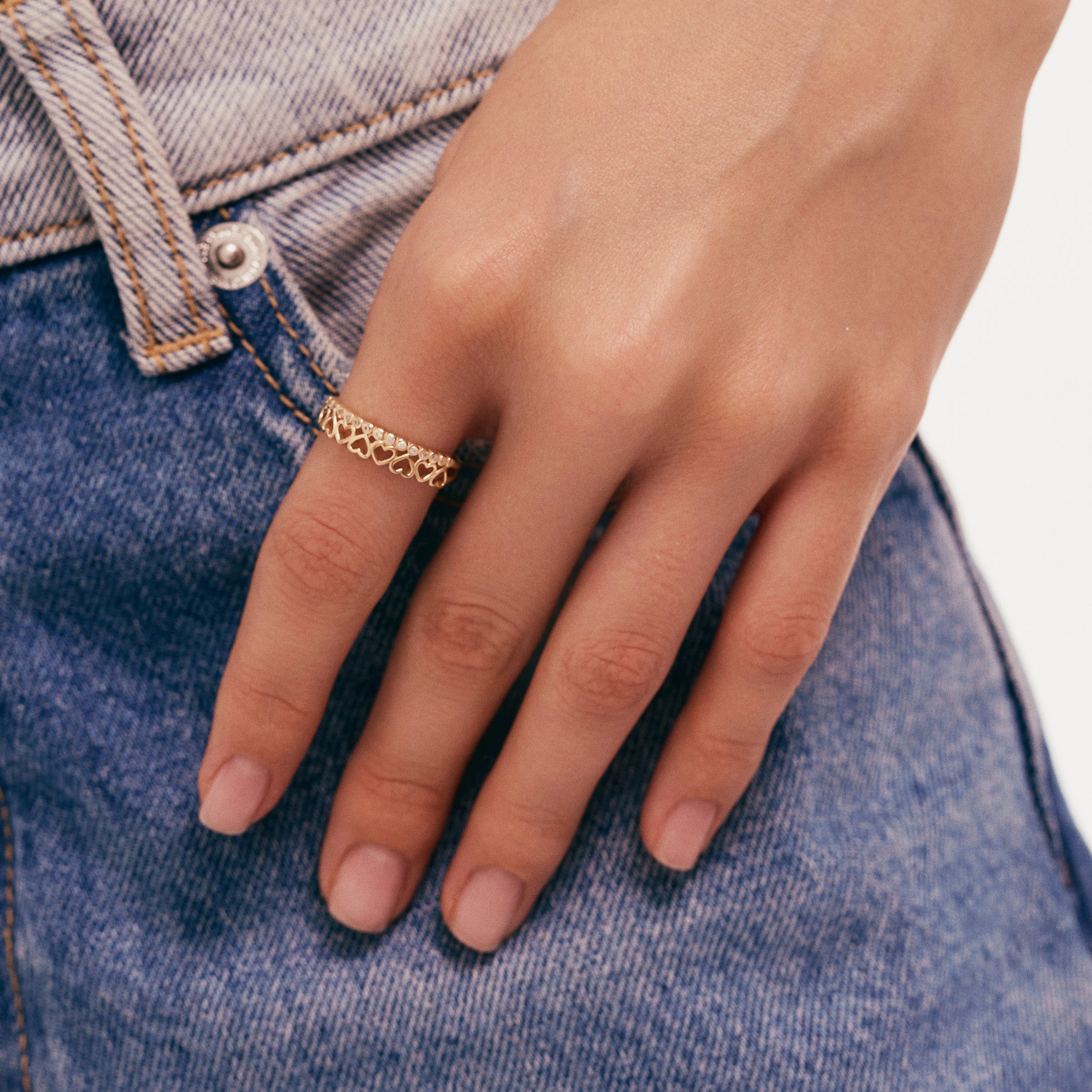 Heart Filigree CZ Band 14K Gold Ring