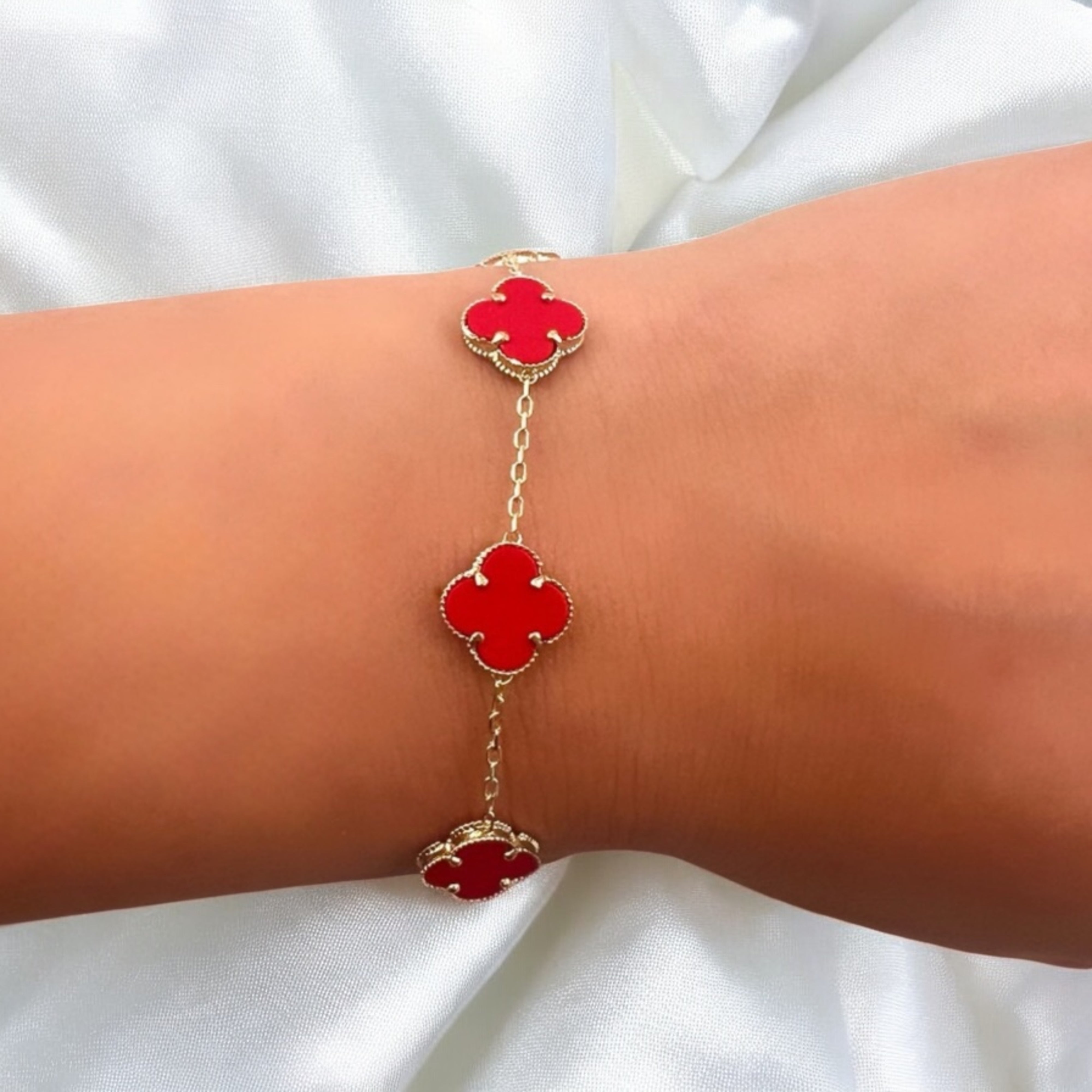 14K Gold Red Five Clover Bracelet