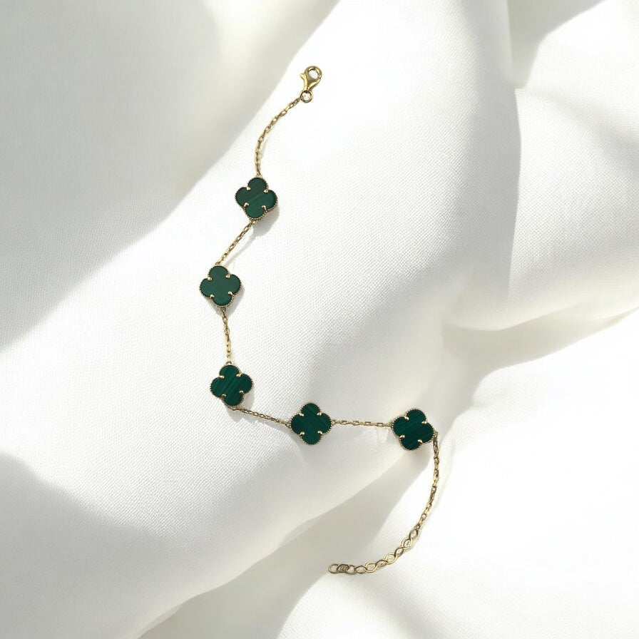 14k Gold Green Clover Bracelet, Lucky Jewelry Gift for Her