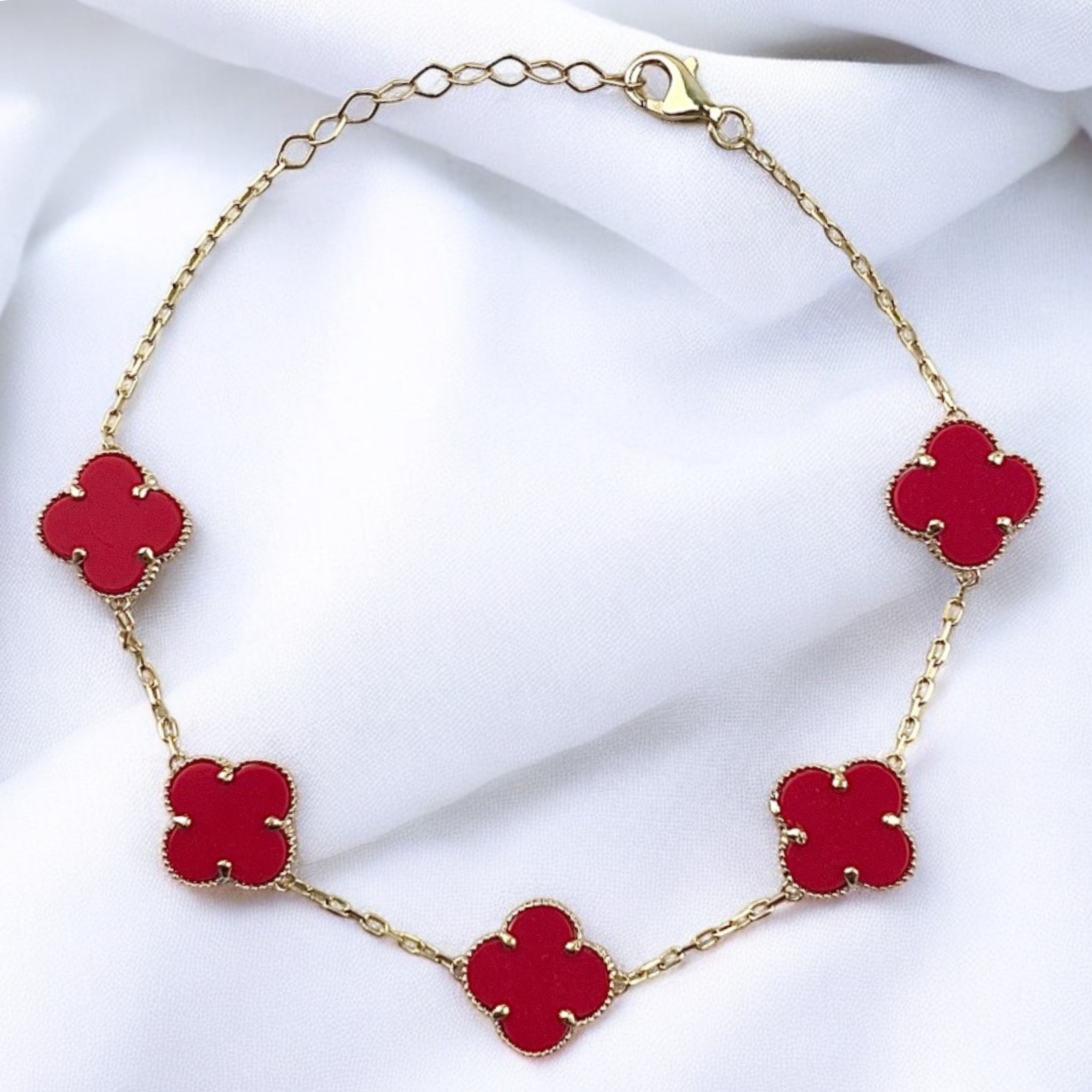 14K Gold Red Five Clover Bracelet