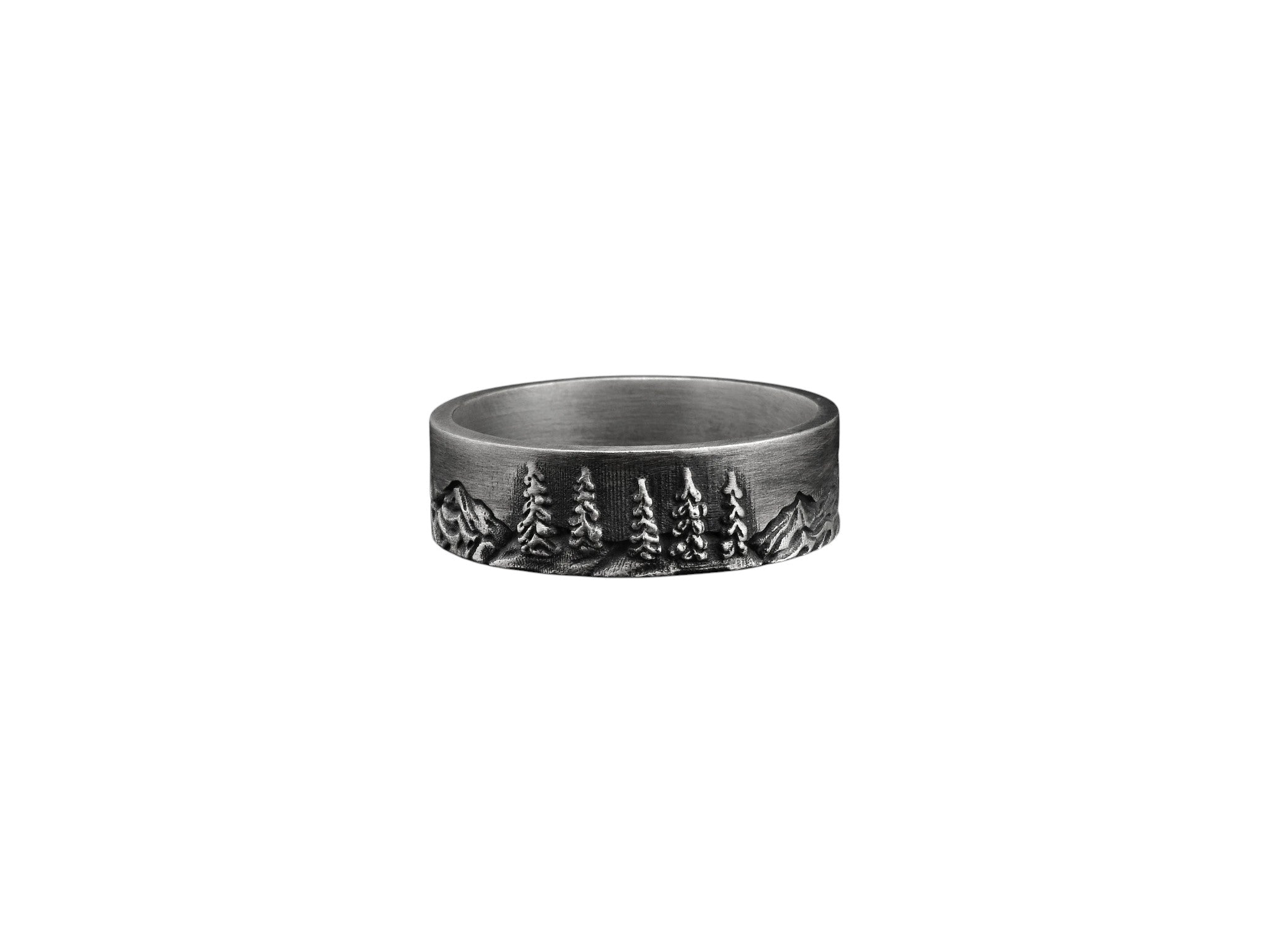 Men’s Silver Mountain Band Ring – Engraved Forest Nature Wedding Ring