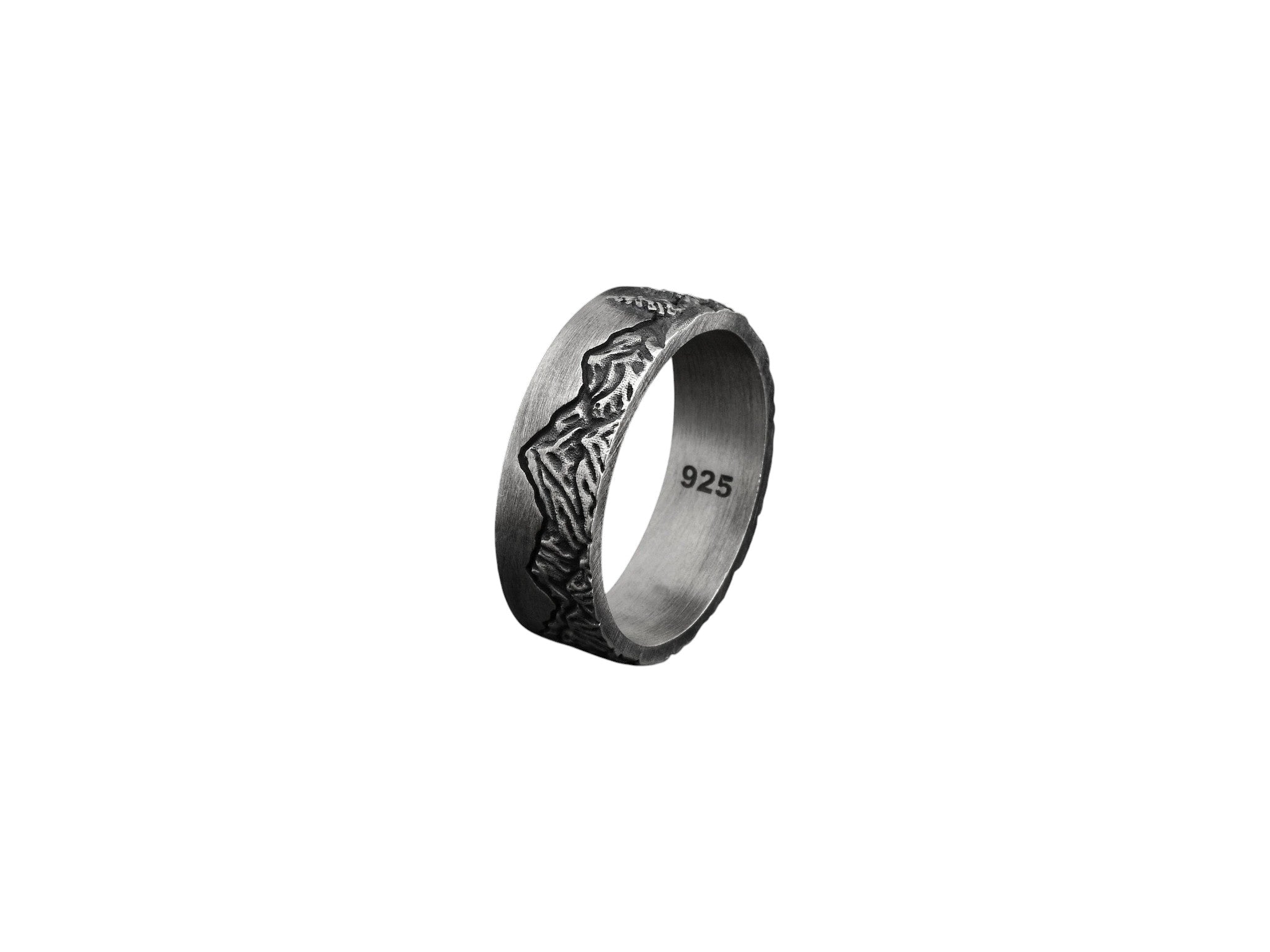 Men’s Silver Mountain Band Ring – Engraved Forest Nature Wedding Ring