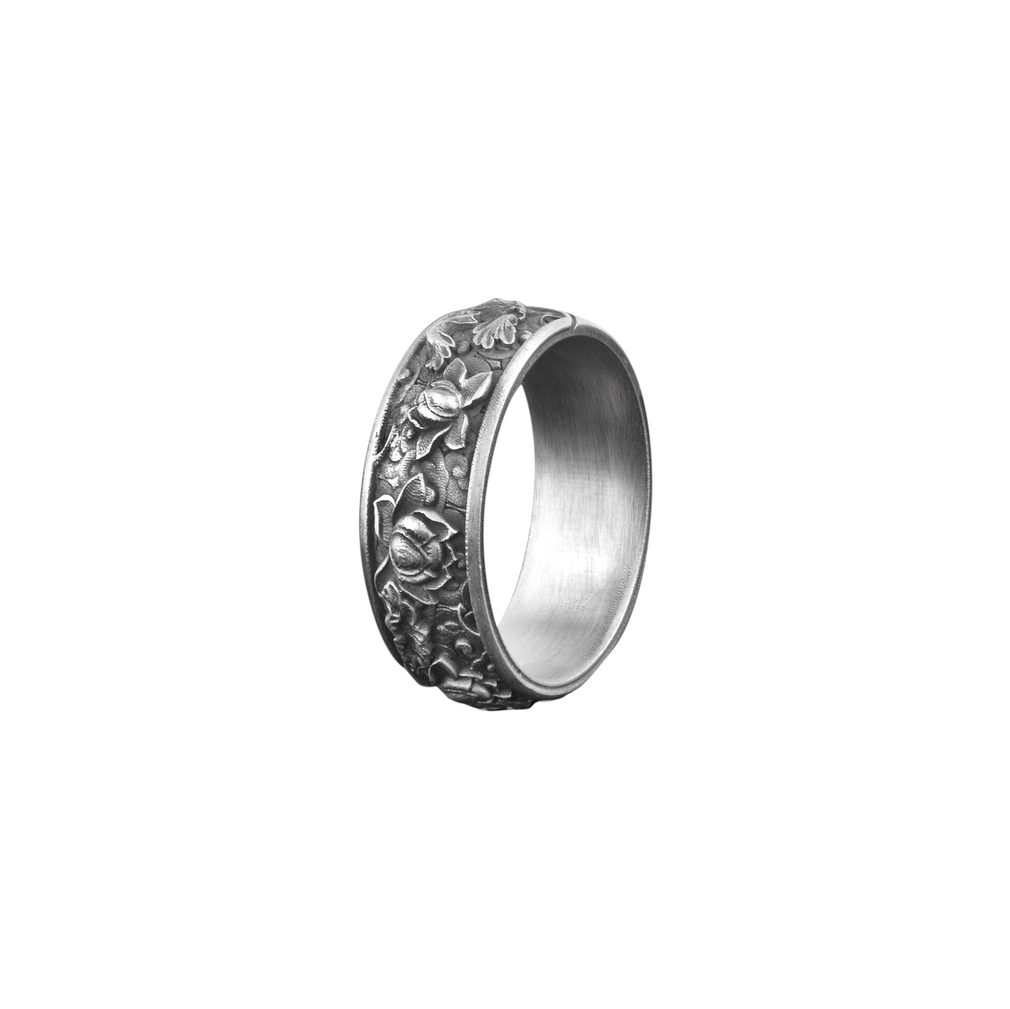 Men’s Silver Floral Band Ring – Vintage Rose Engraved Wedding Ring