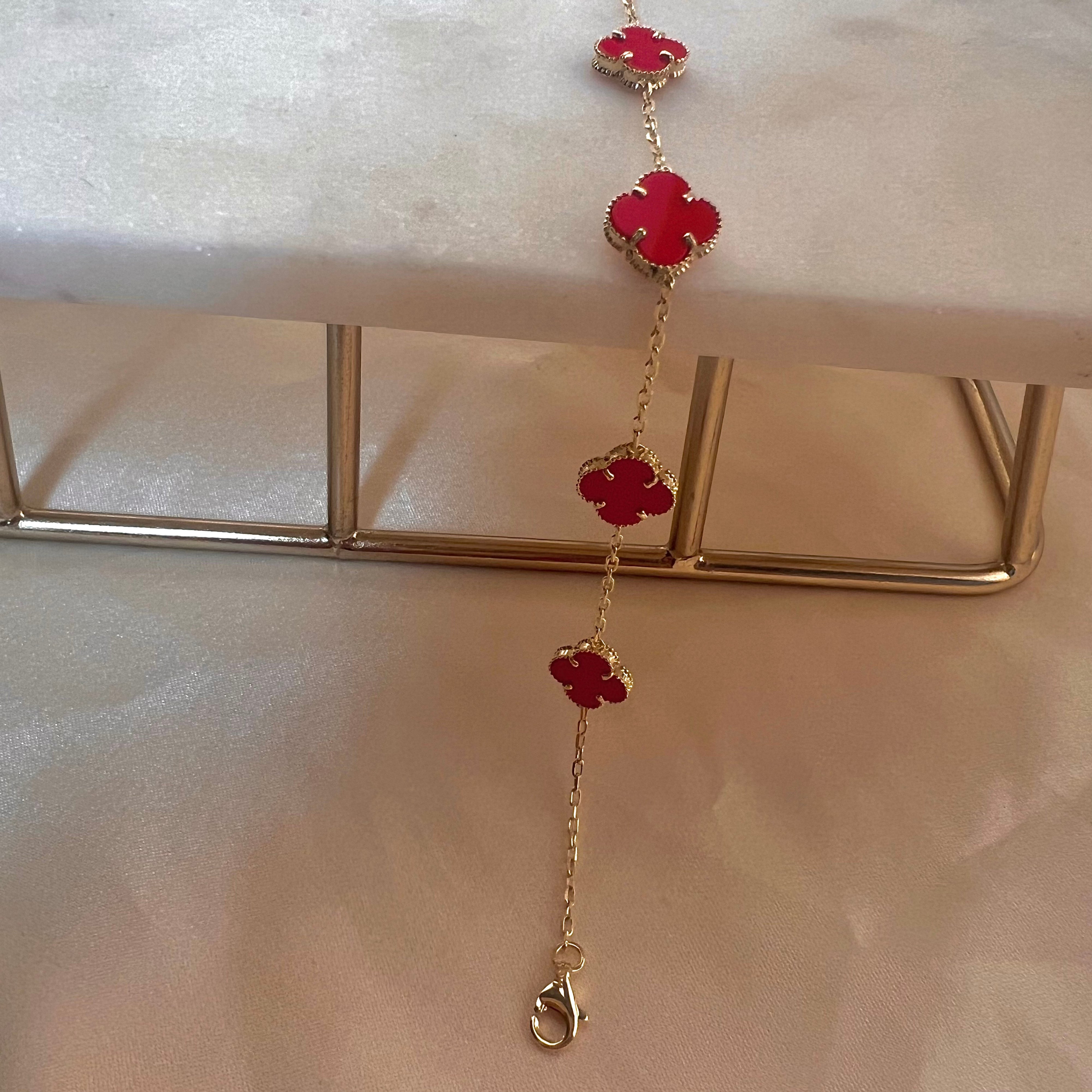 14K Gold 8mm Enamel Red Clover Bracelet