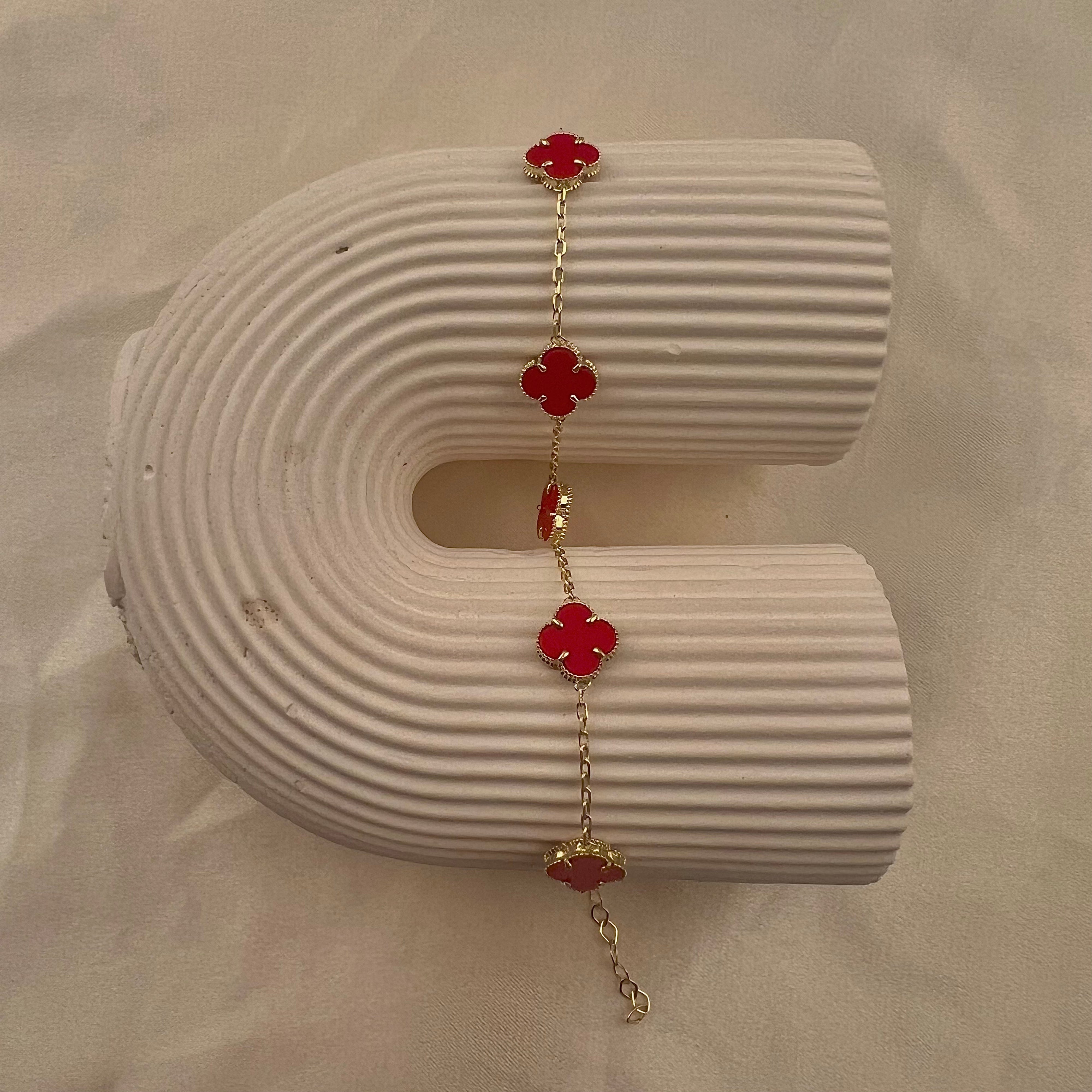 14K Gold 8mm Enamel Red Clover Bracelet