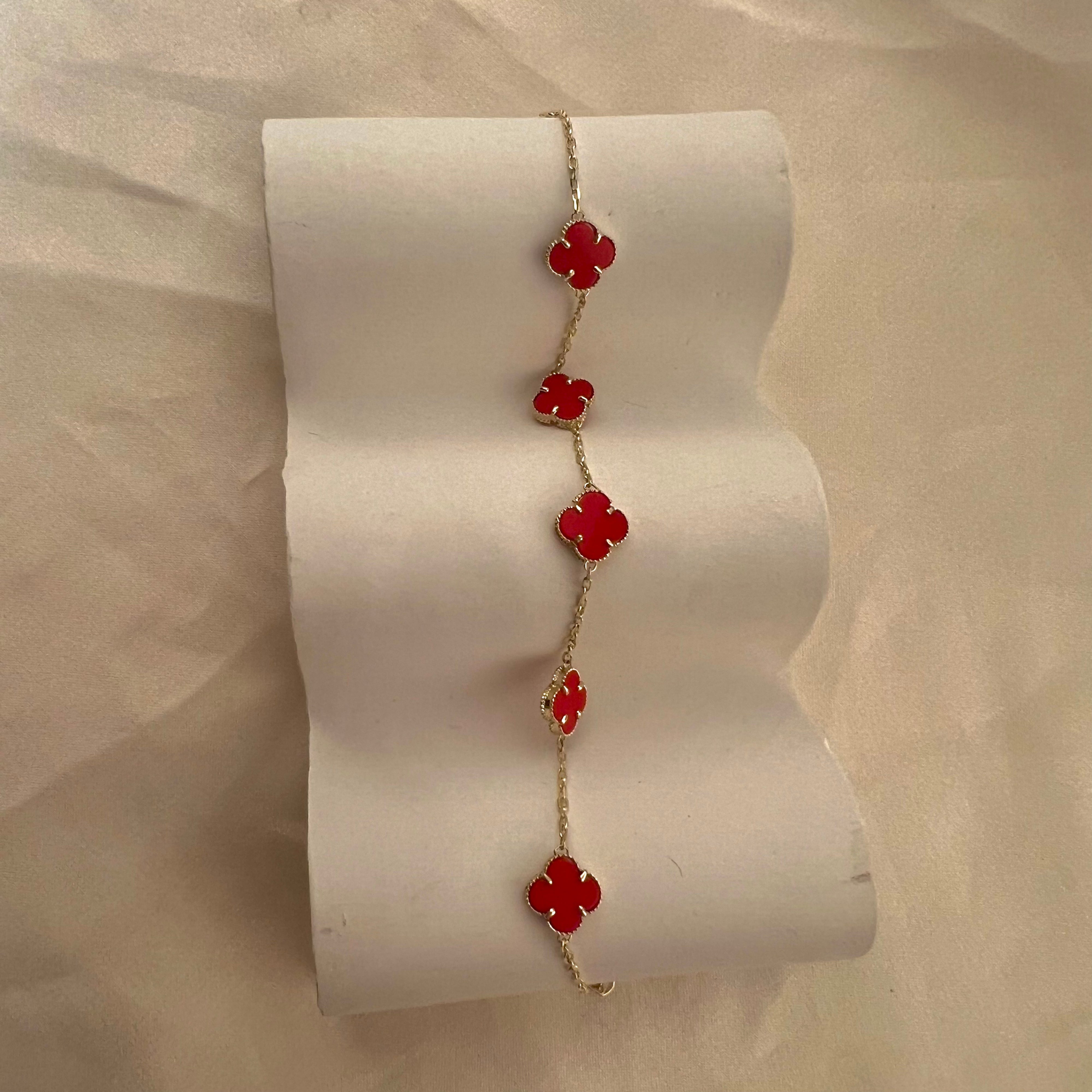 14K Gold 8mm Enamel Red Clover Bracelet