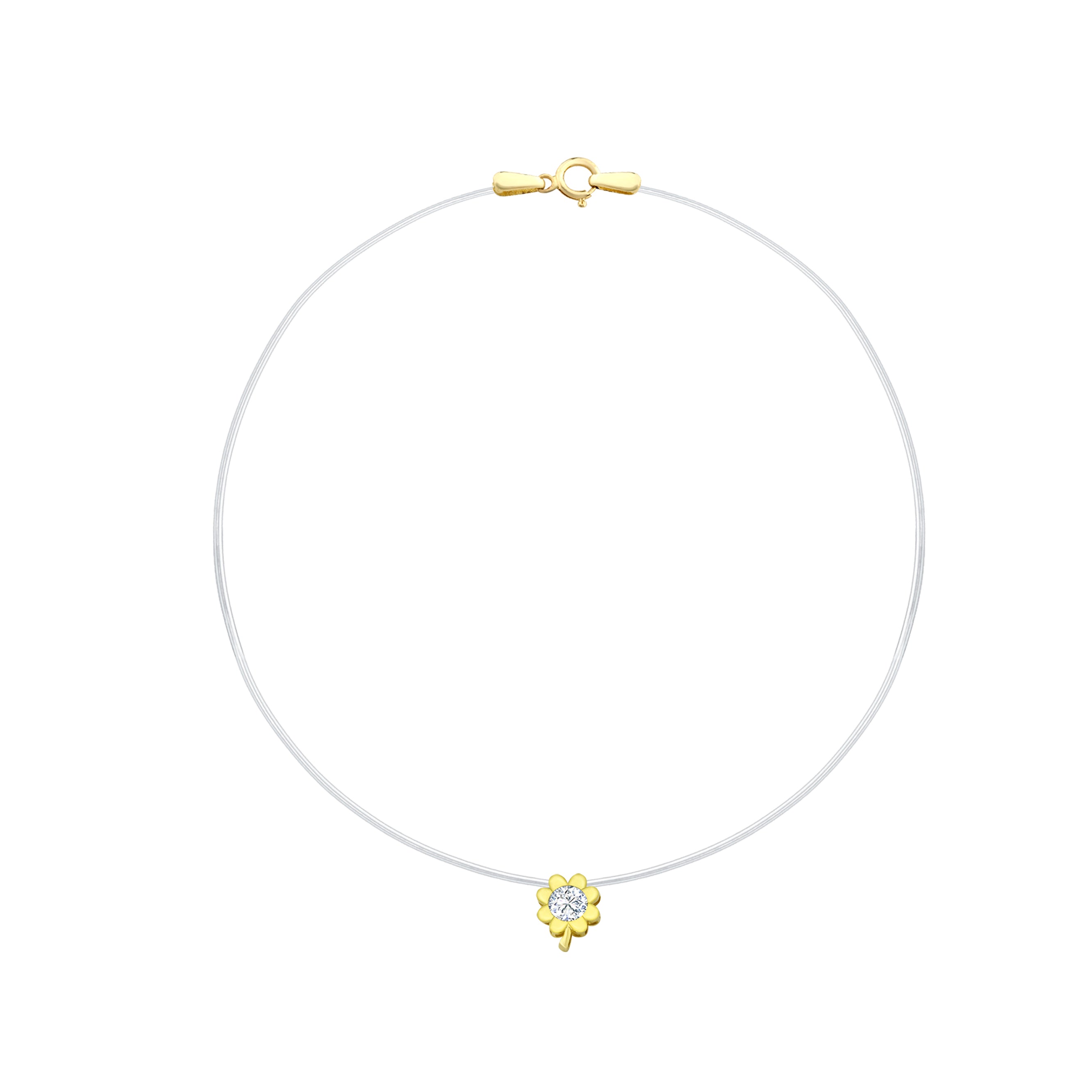 14K Gold Flower Shape Invisible Necklace featuring a floral diamond pendant on a clear nylon chain for a floating effect.