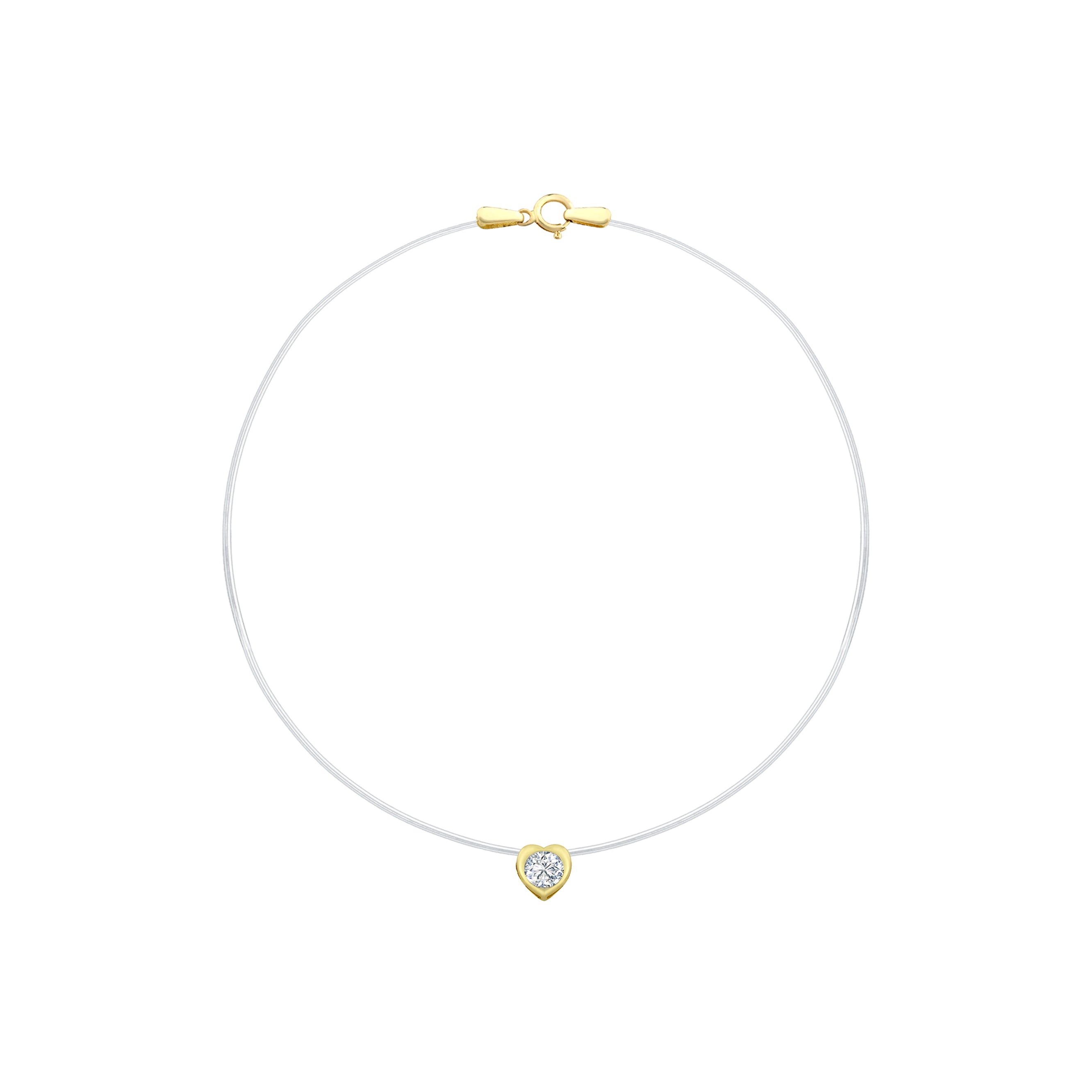 14K Gold Heart Shape Invisible Necklace featuring a heart-shaped diamond floating on a clear nylon chain with 14K gold setting.