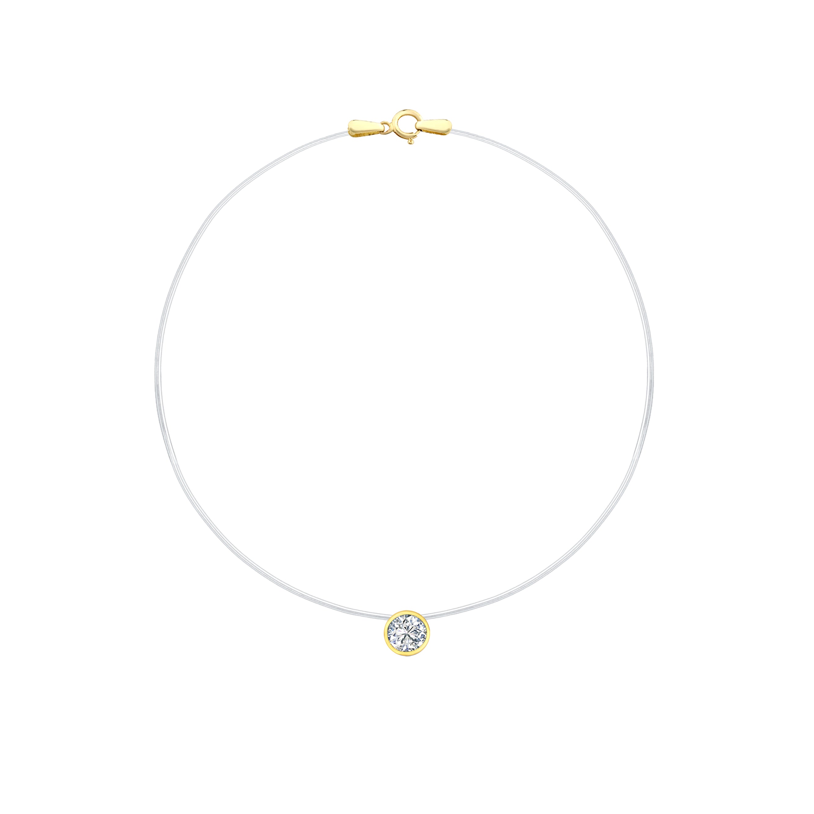 14K Round Pave Invisible Necklace featuring a clear nylon chain and oval pave diamond set in 14K gold.