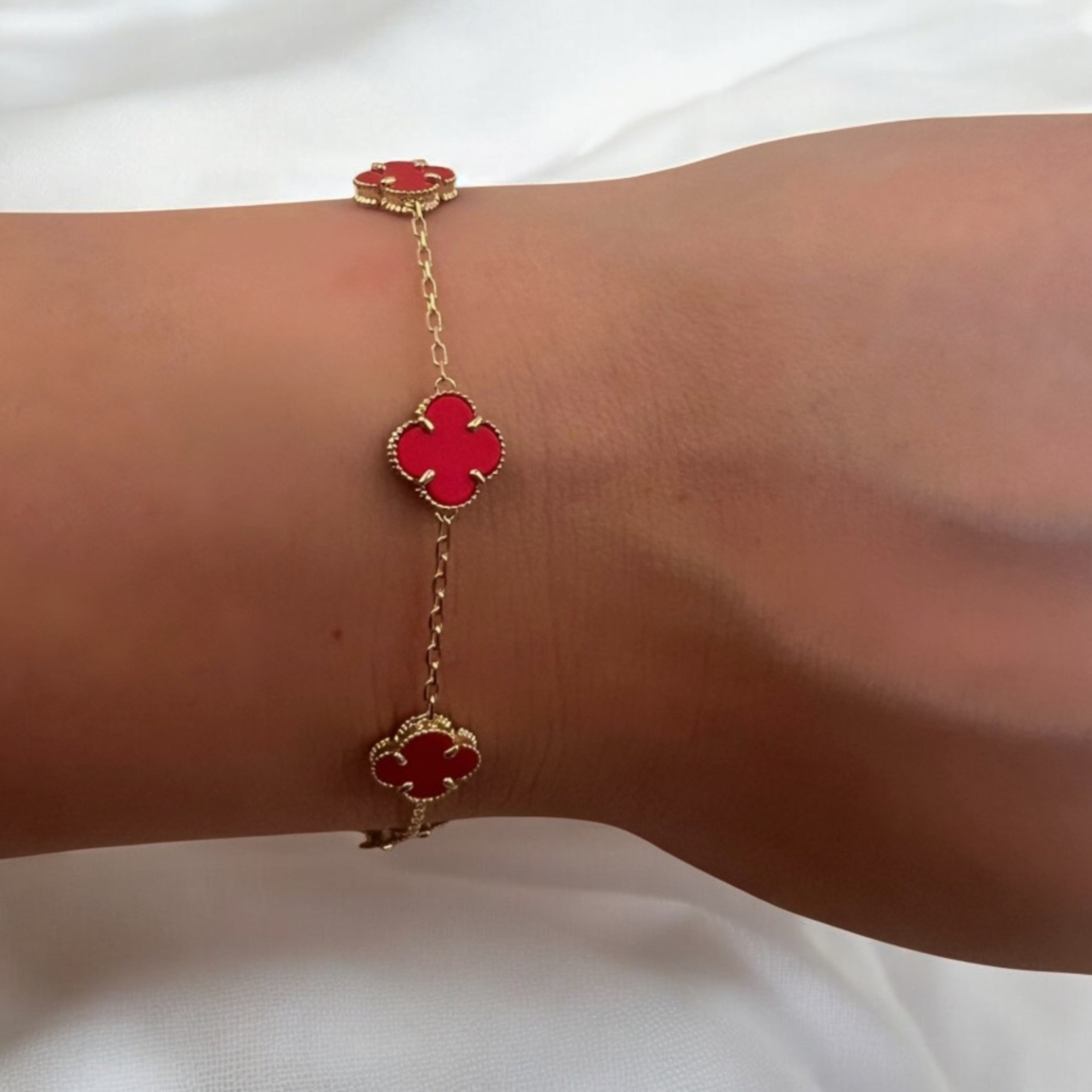 14K Gold 8mm Enamel Red Clover Bracelet