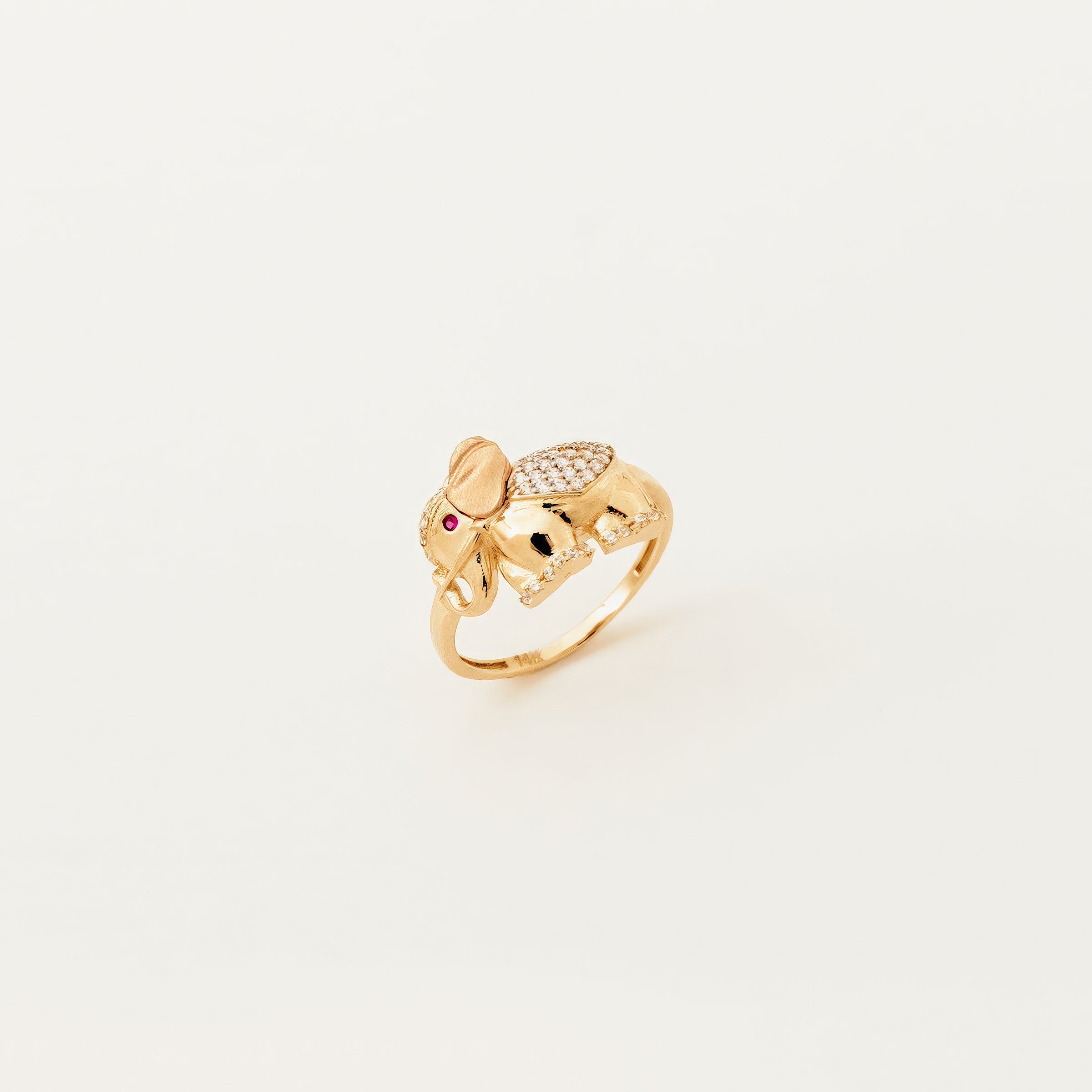 Elephant Motif Ruby and CZ-Accented Ring in 14K Gold