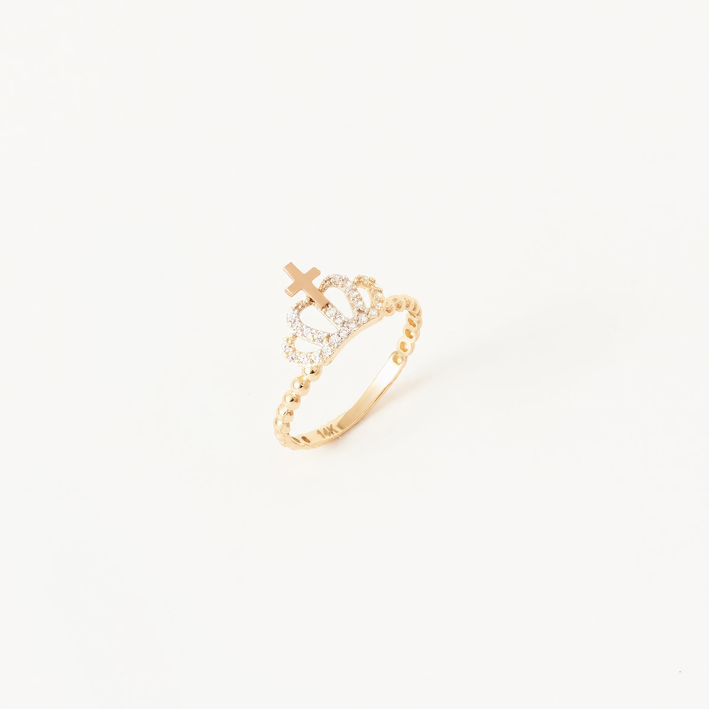 CZ-Encrusted Crown with Cross 14K Gold Ring