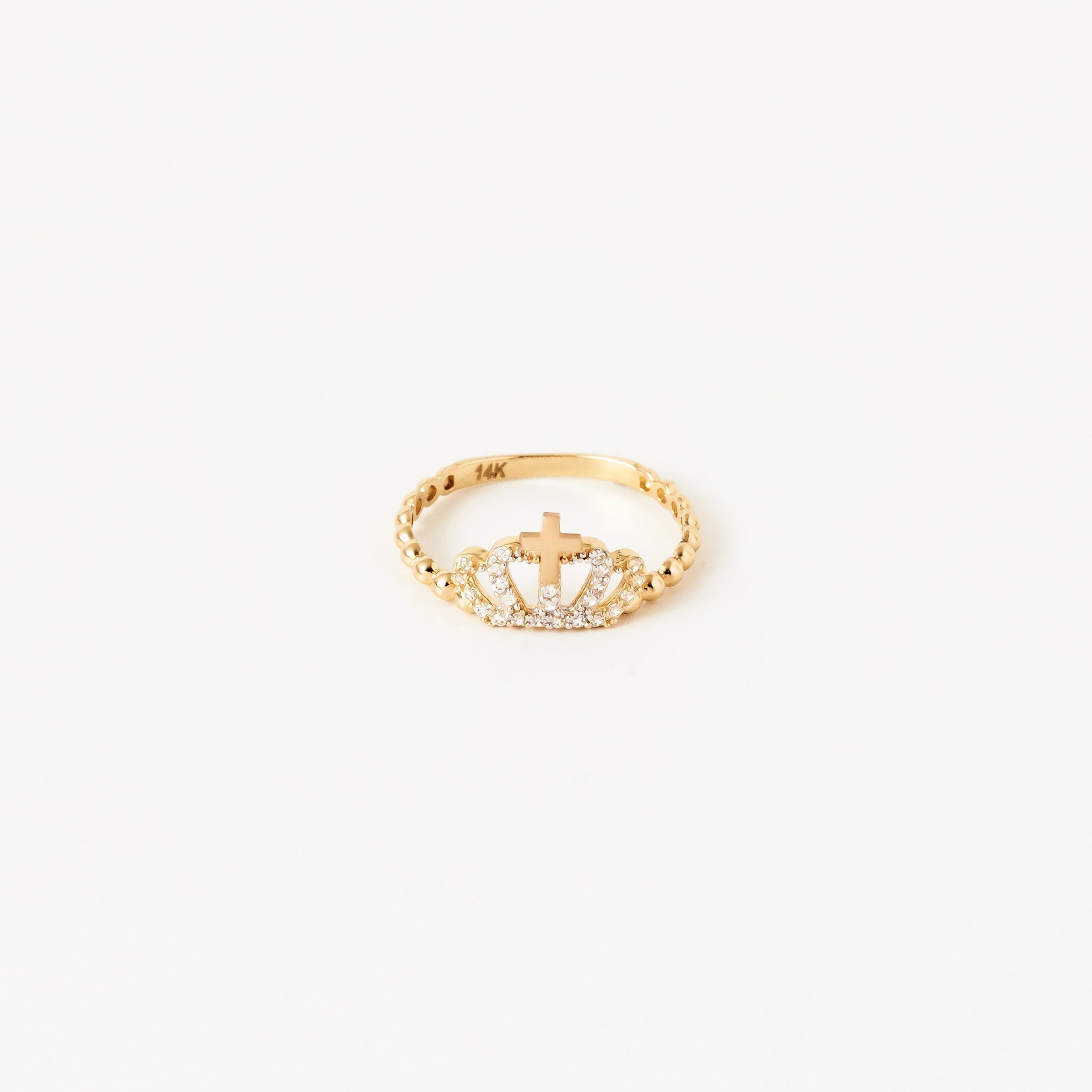 CZ-Encrusted Crown with Cross 14K Gold Ring