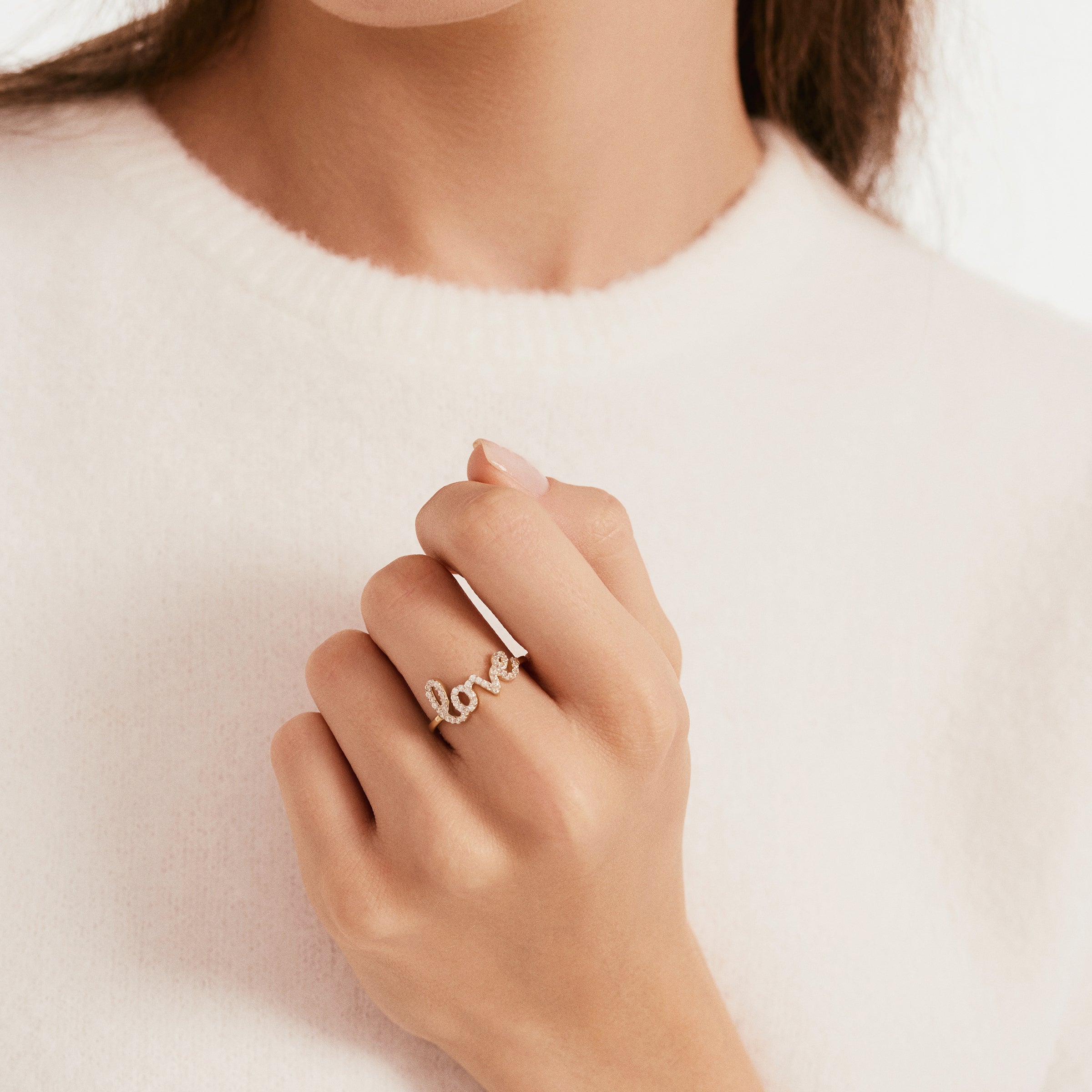 Cursive Love CZ Ring in 14K Gold