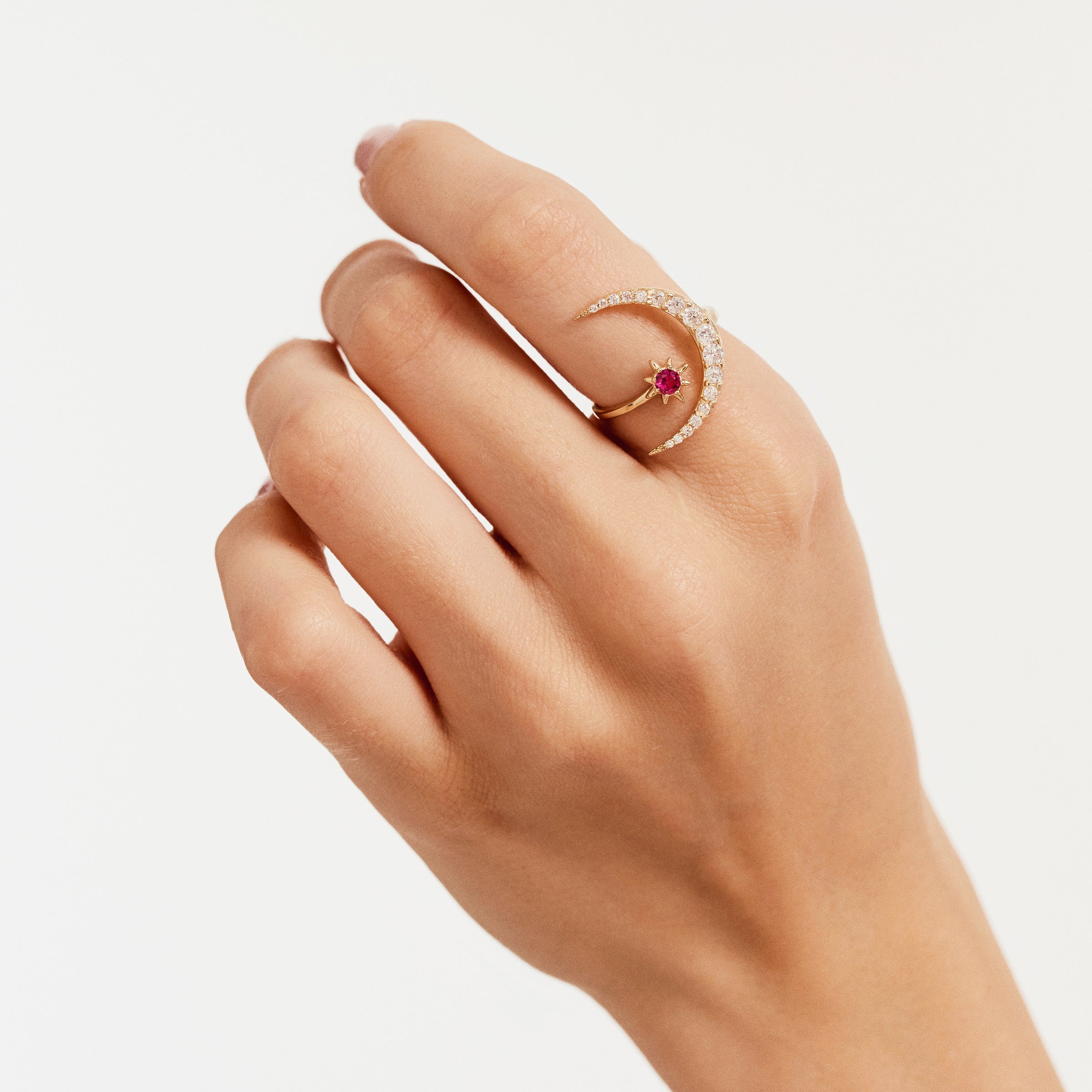 Crescent Ruby Accent CZ Ring in 14K Gold