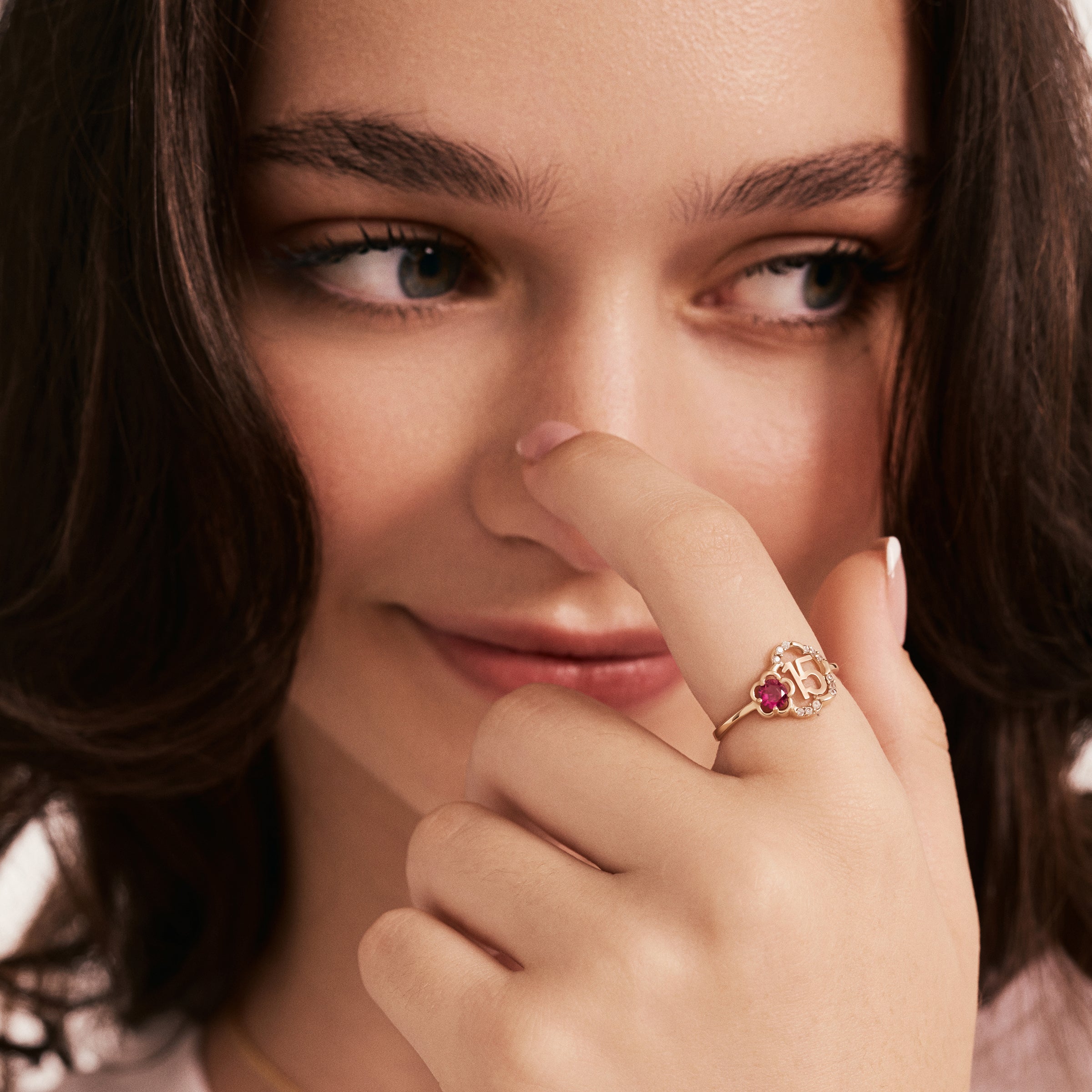 Personalized Ruby Accented Number Ring in 14K Gold