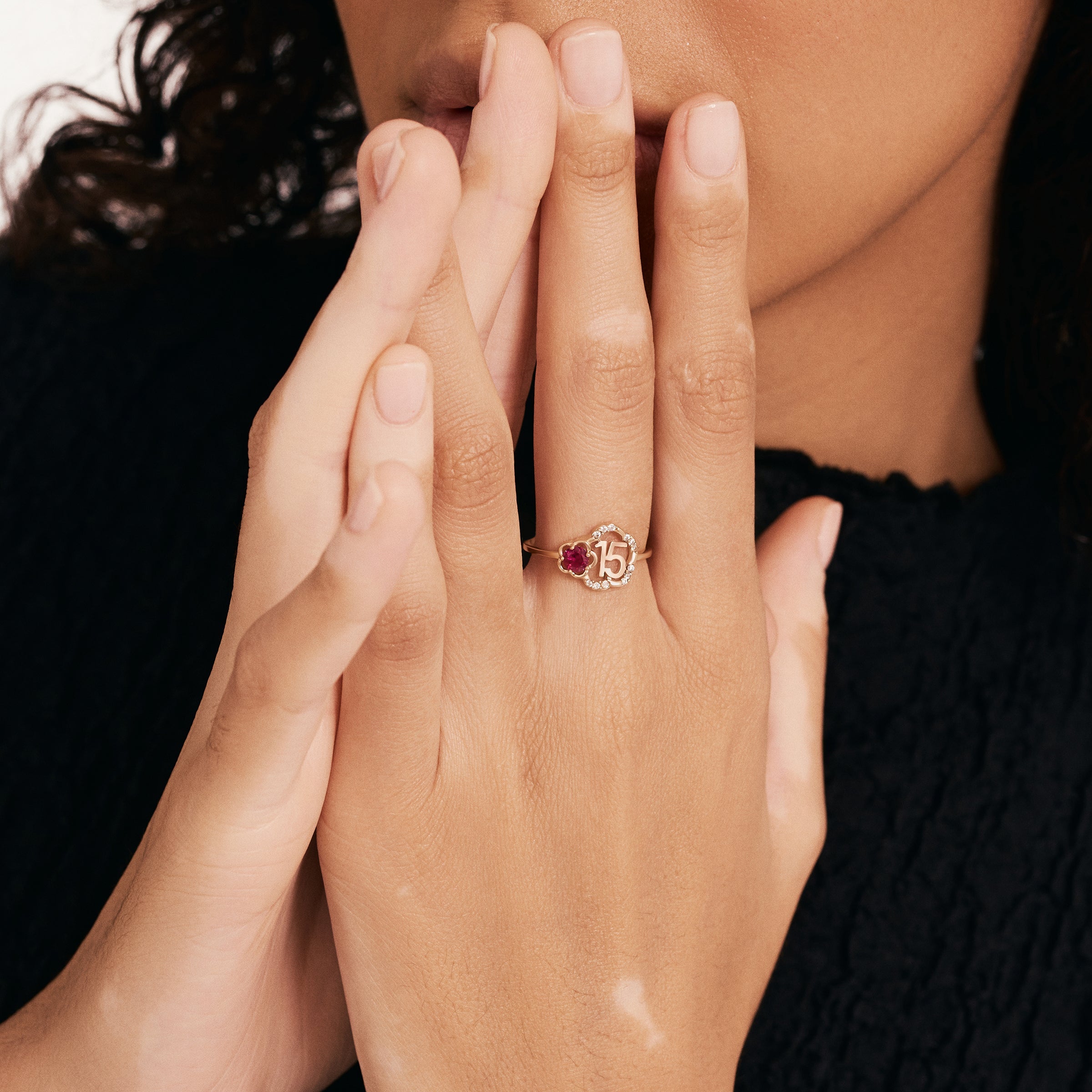 Personalized Ruby Accented Number Ring in 14K Gold