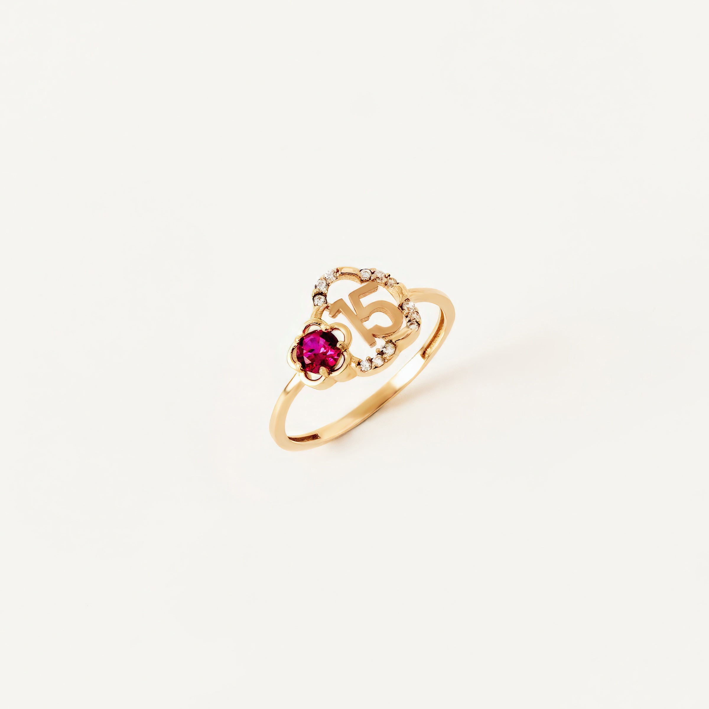 Personalized Ruby Accented Number Ring in 14K Gold