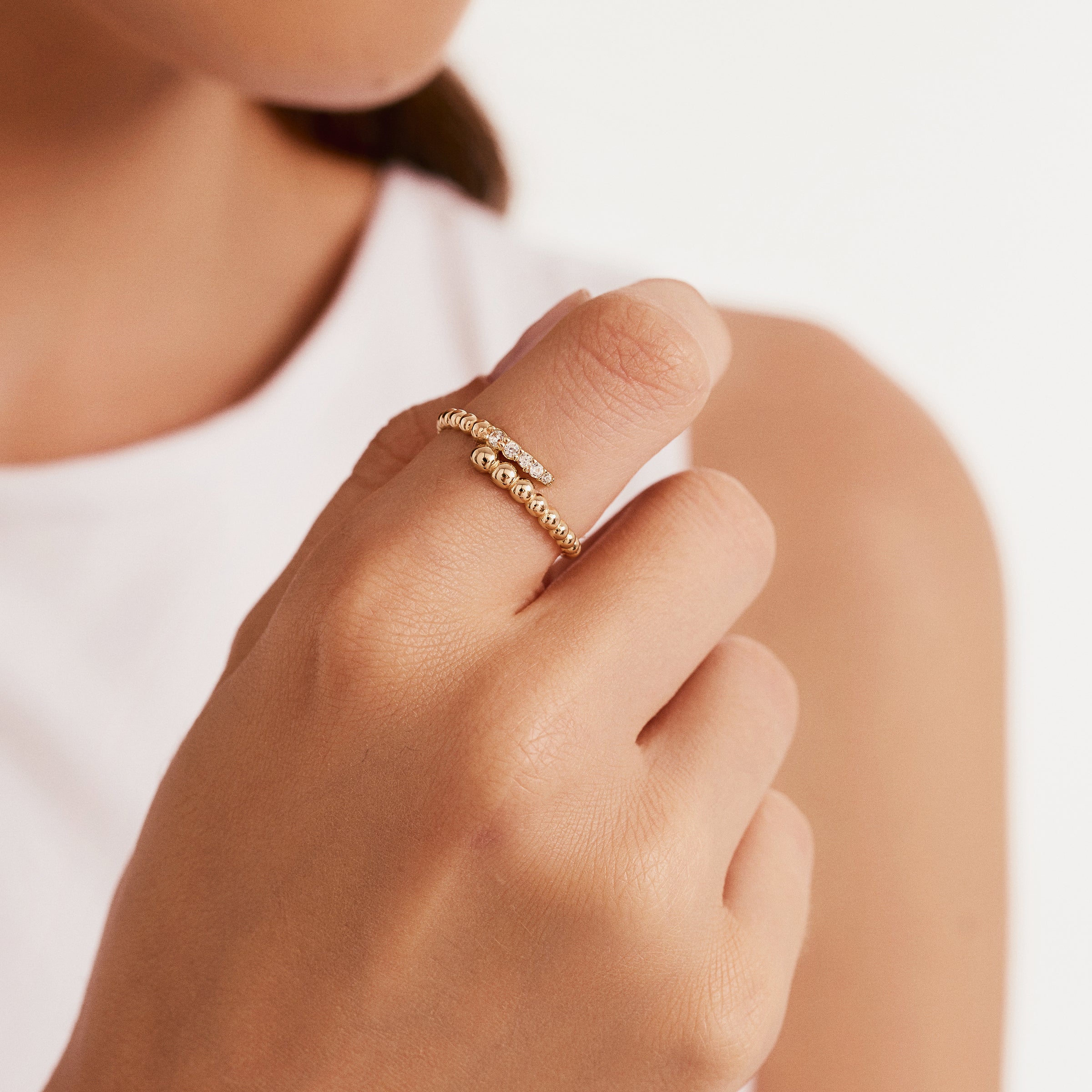 Beaded Band CZ Ring in 14K Gold