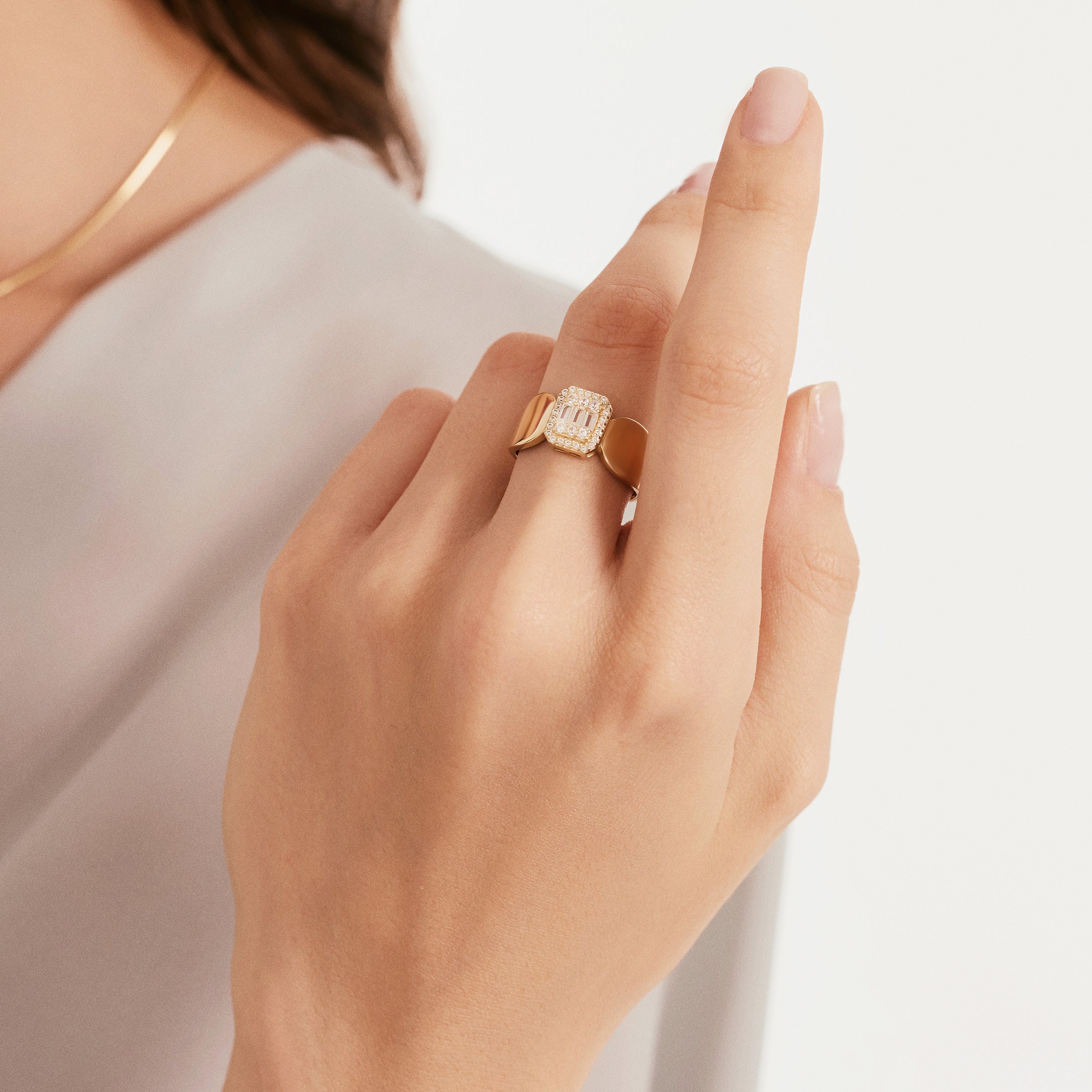 Rectangle Halo CZ Ring in 14K Gold