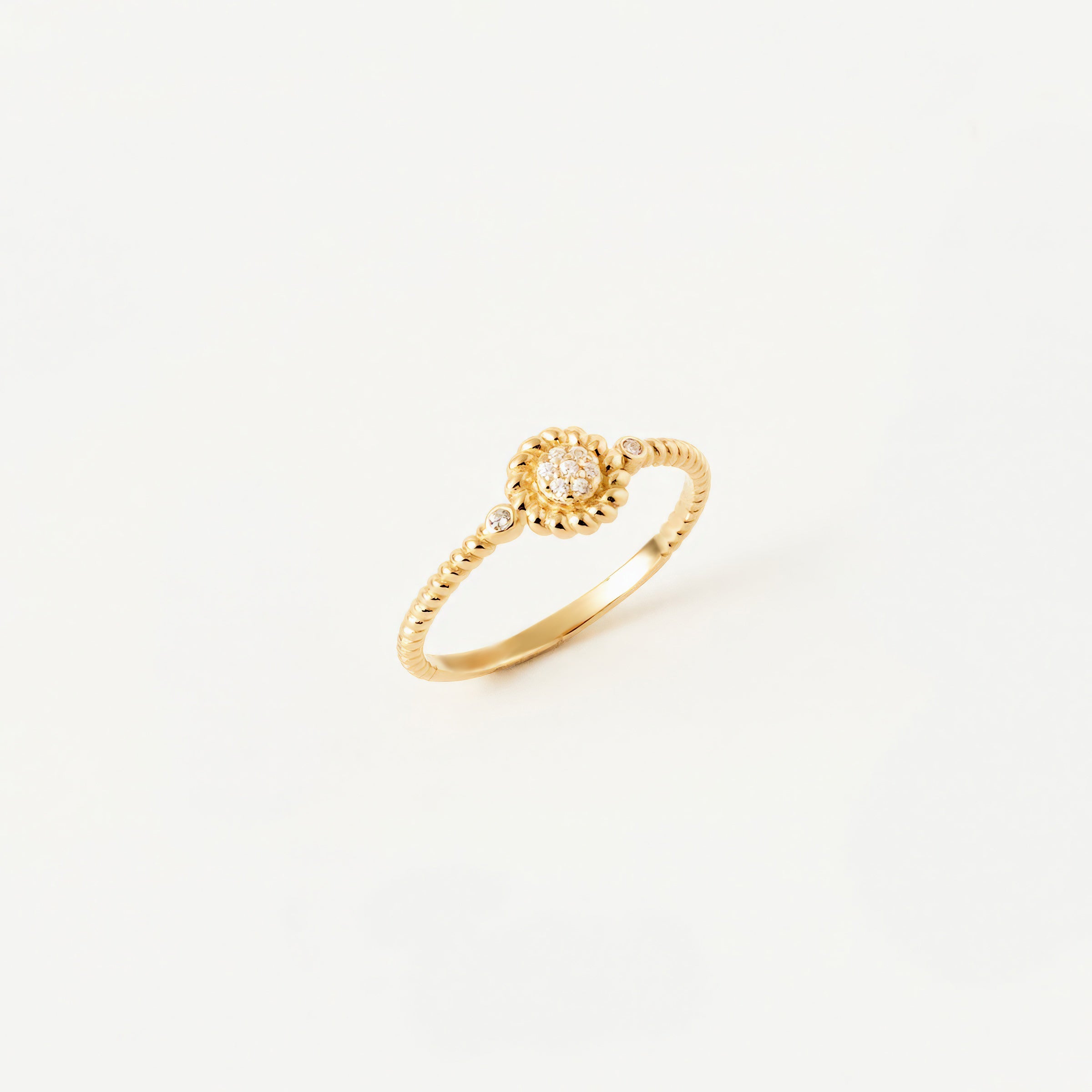 CZ Halo Beaded 14K Gold Ring