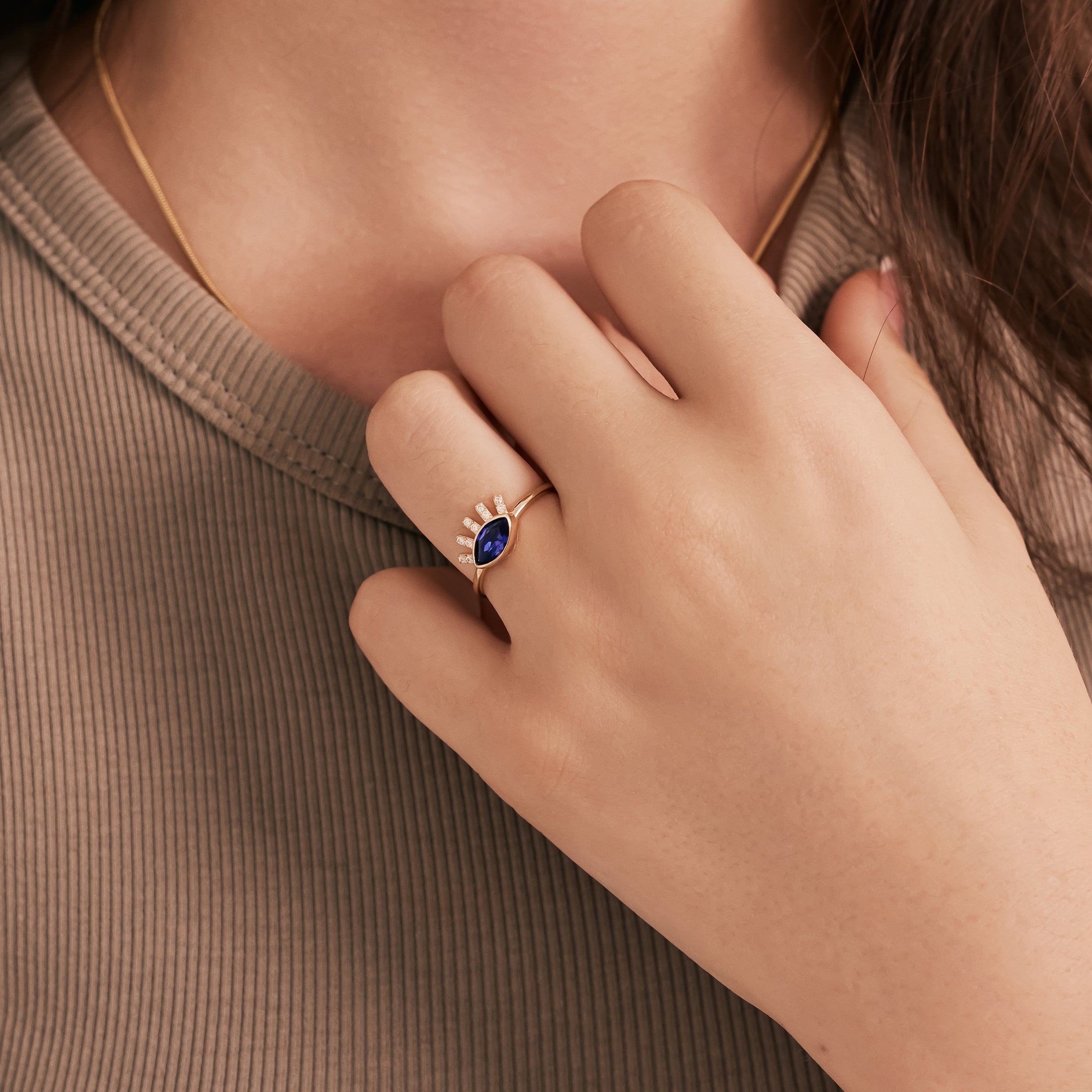 Sapphire Eye and CZ Accent Ring in 14K Gold