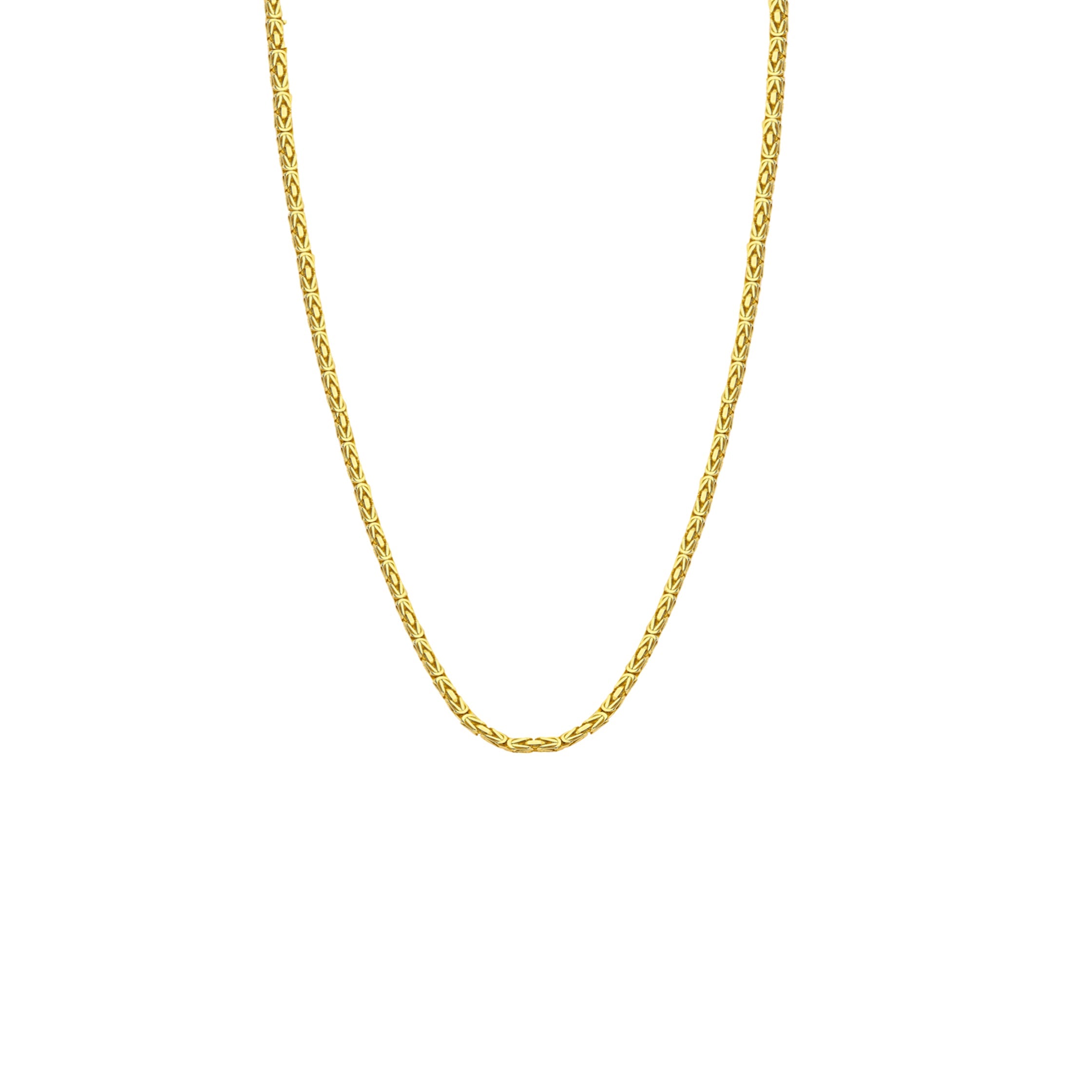 14K gold Byzantine square chain necklace, 1.90mm, featuring a polished finish and interlocking links.