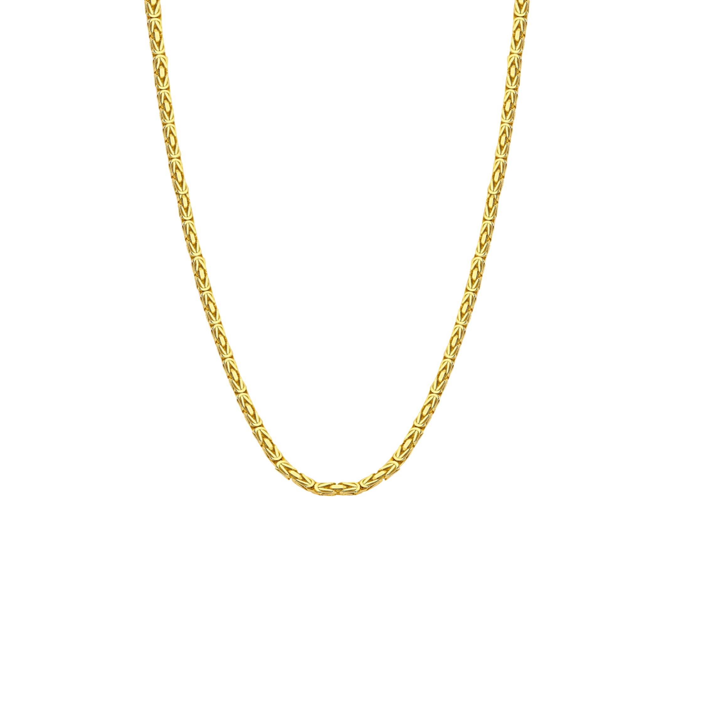 4.50mm gold Byzantine chain necklace with intricate interlocking links, designed for bold and elegant fashion.