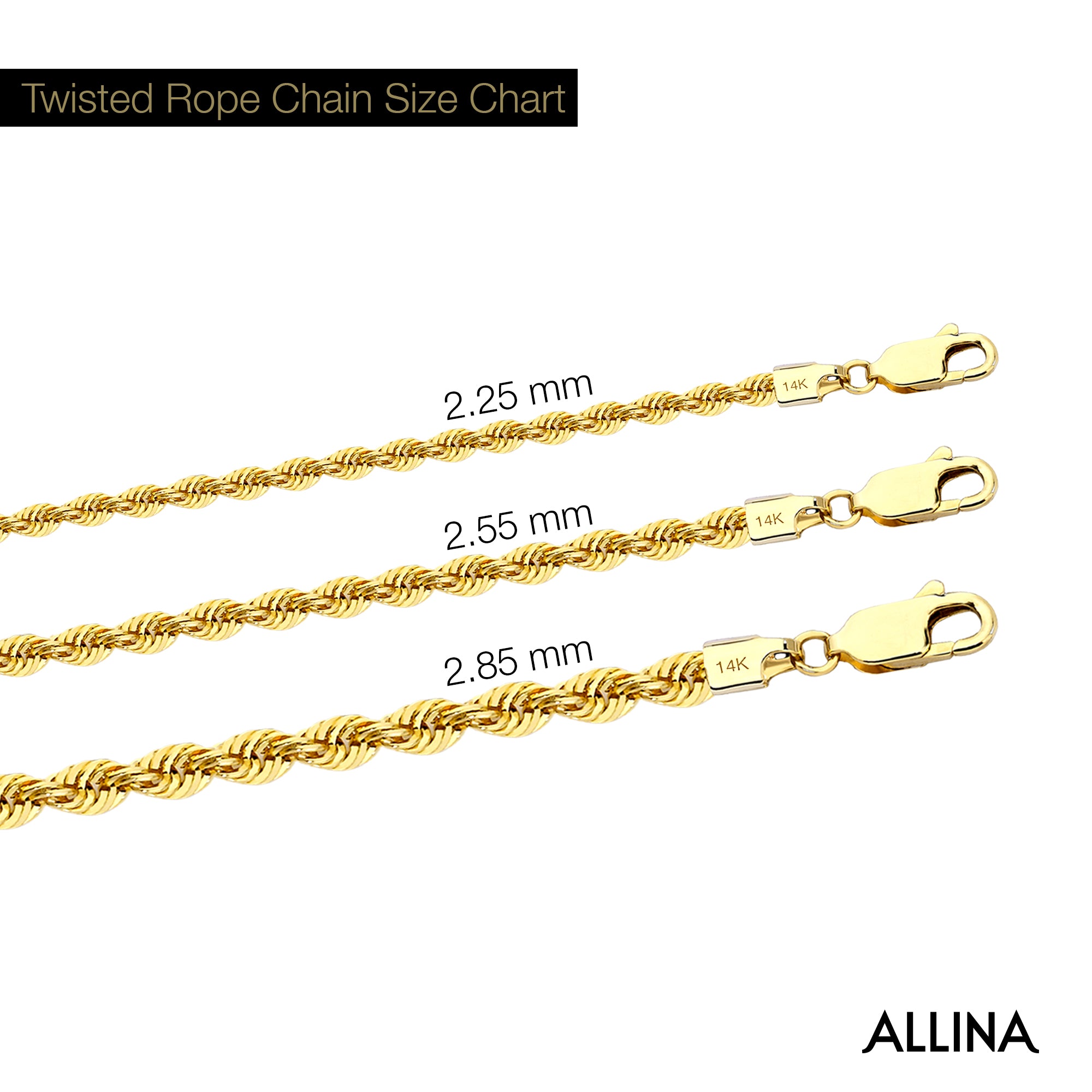 14K Gold Rope Twisted Chain Necklace - 2.55 mm | Elegant & Durable Gold Necklace