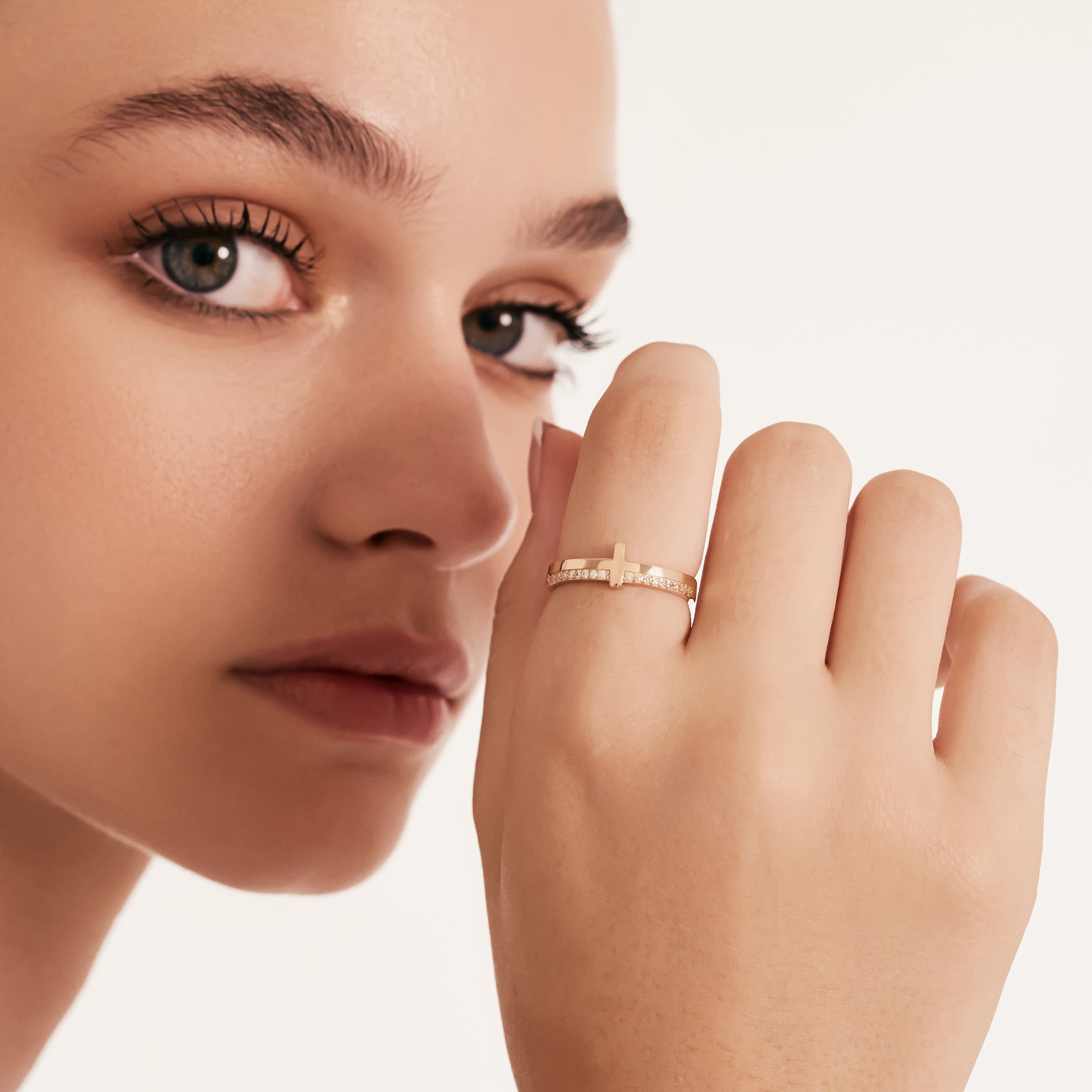 CZ-Accented Cross Ring in 14K Gold