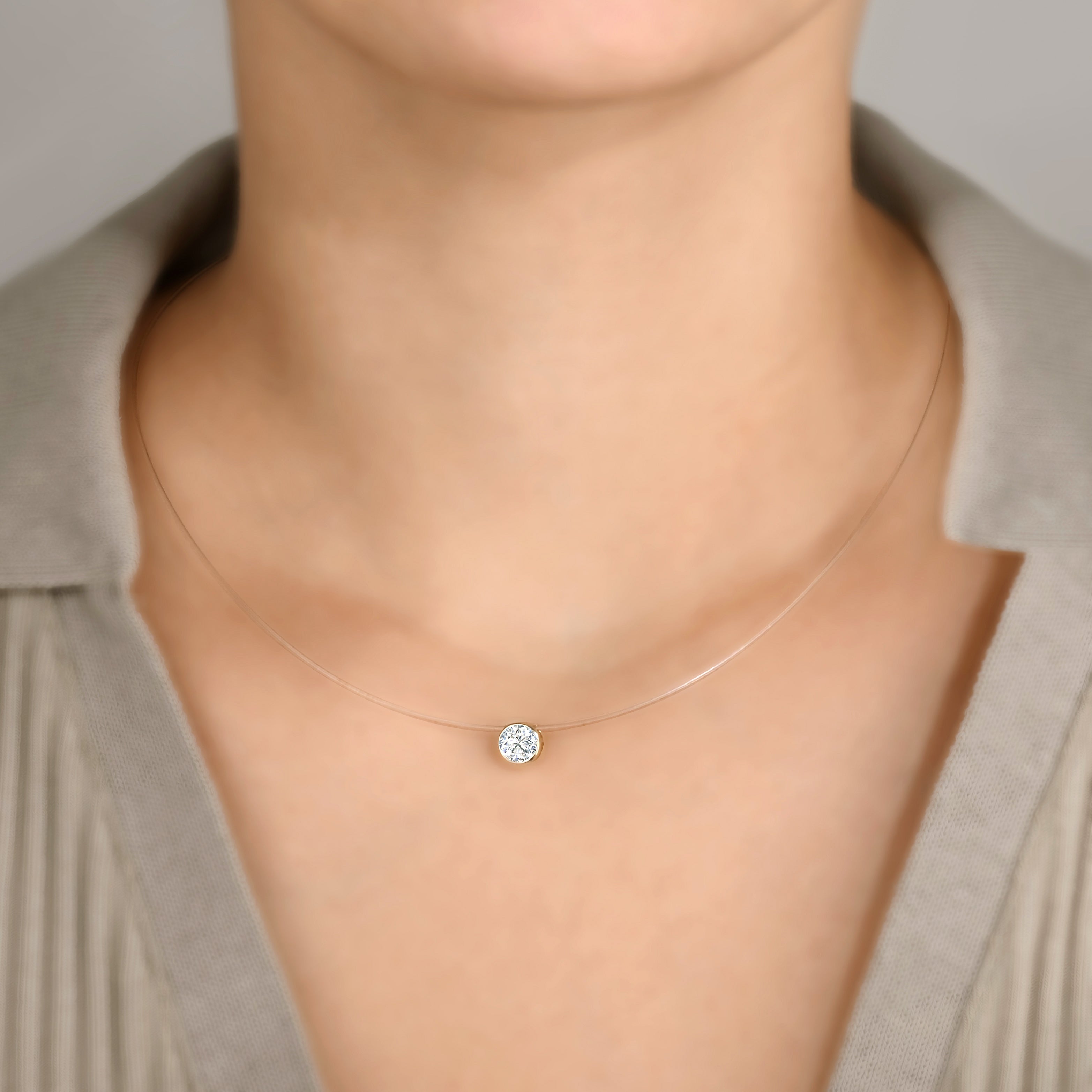 14K Round Pave Invisible Necklace | Minimalist Floating Diamond Necklace