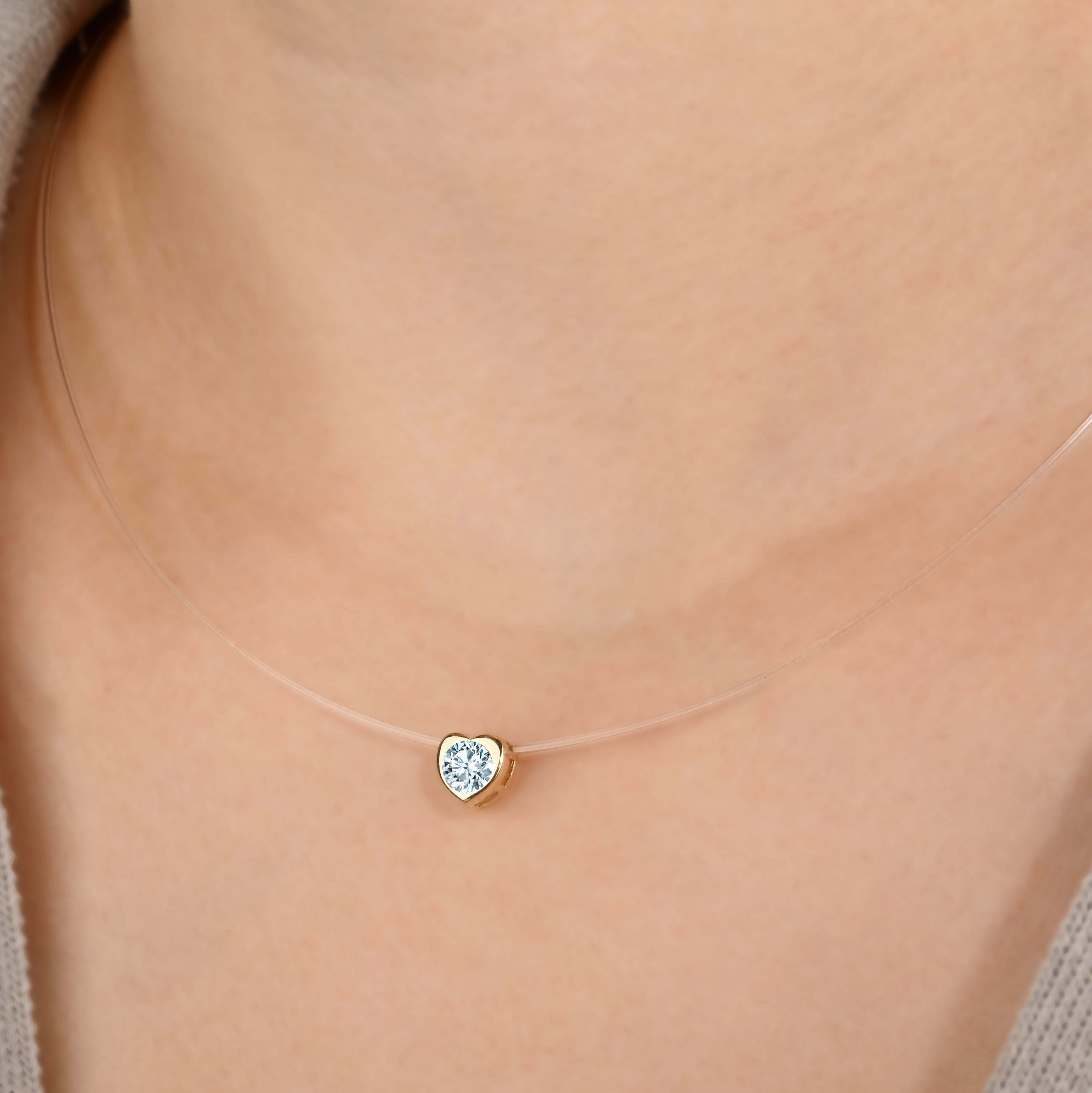 14K Gold Heart Shape Invisible Necklace | Minimalist Floating Heart Diamond Necklace