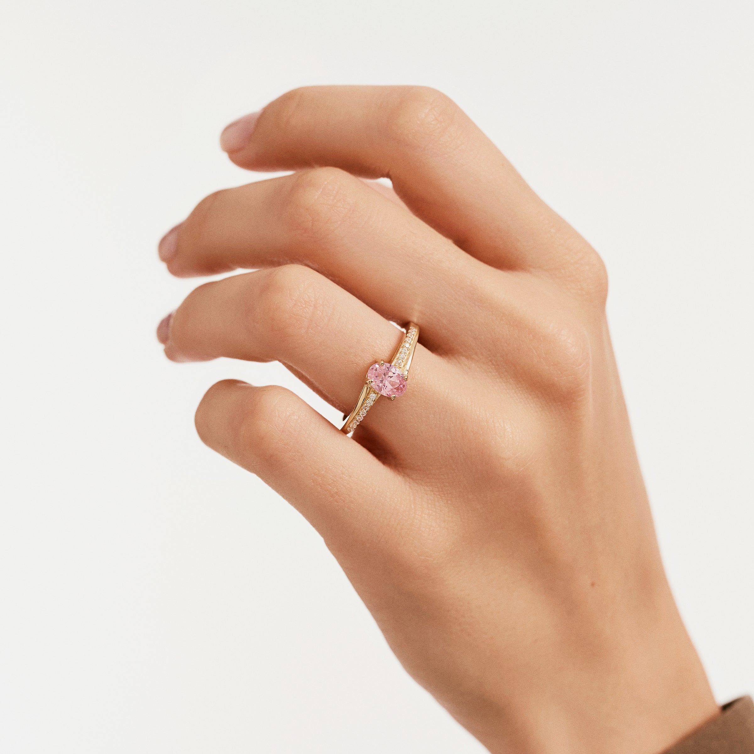 Oval Pink Tourmaline 14K Gold CZ Ring