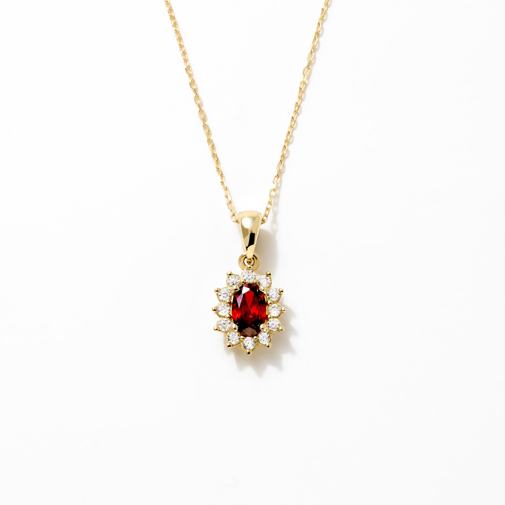 14K Gold Ruby Oval Gemstone Pendant Necklace with White Stone Halo