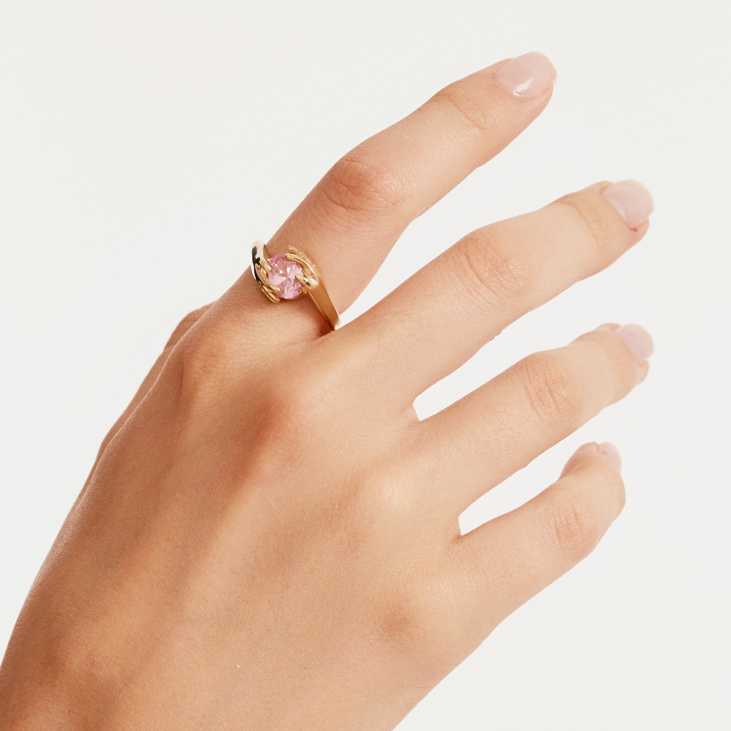 Solitaire Pink Tourmaline Hand Ring in 14K Gold